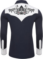 JoZorro Men's Long Sleeve Pearl Snap Shirt Rhinestone Cowboy Cut Western Embroidered Casual Button Down Shirt XX-Large Navy Blue With Rhinestone