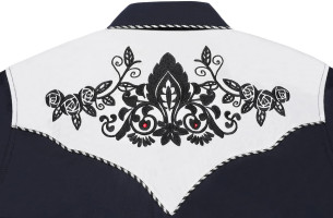 JoZorro Men's Long Sleeve Pearl Snap Shirt Rhinestone Cowboy Cut Western Embroidered Casual Button Down Shirt XX-Large Navy Blue With Rhinestone