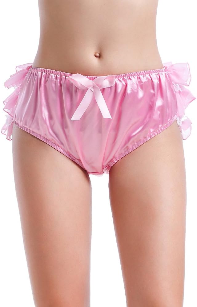 Women Sissy Frilly Puffy Pink Satin Panties Lingerie Underwear 3X-Large Pink