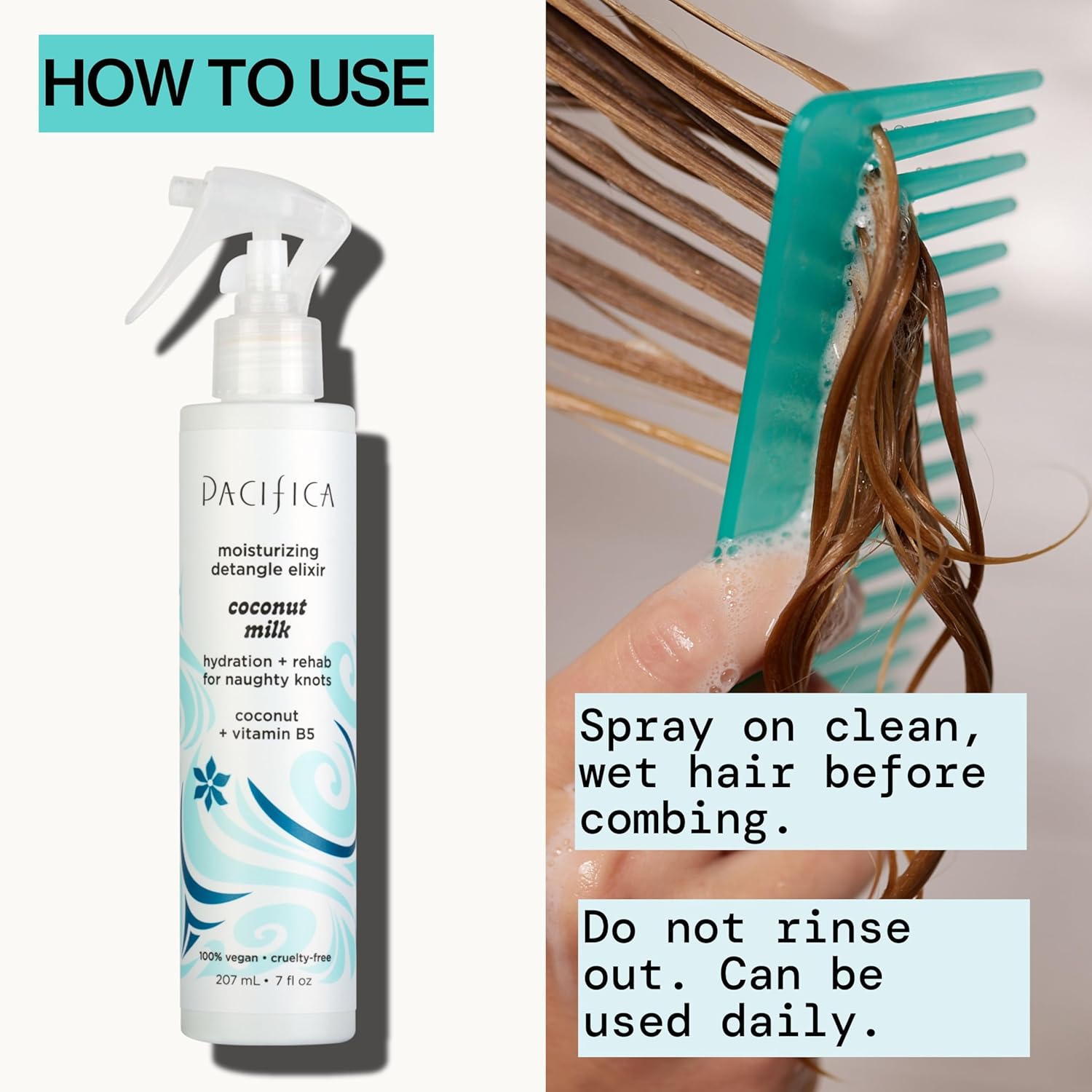 Pacifica Coconut Milk Hair Detangler Spray – Leave-In Conditioning Elixir for Tangle-Free Hair – Instantly Detangles Knots, Adds Shine & Moisture, Prevents Breakage & Frizz – Vegan & Cruelty-Free