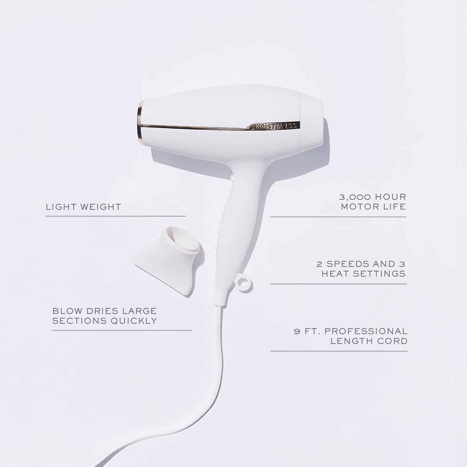 Kristin Ess Hair Iconic Professional Style Blow Dryer with Smoothing Nozzle + Diffuser - 1875W Dual Voltage Hair Dryer - Ionic Settings for Smoothing + Frizz Control - 2 Speeds + 3 Heat Settings
