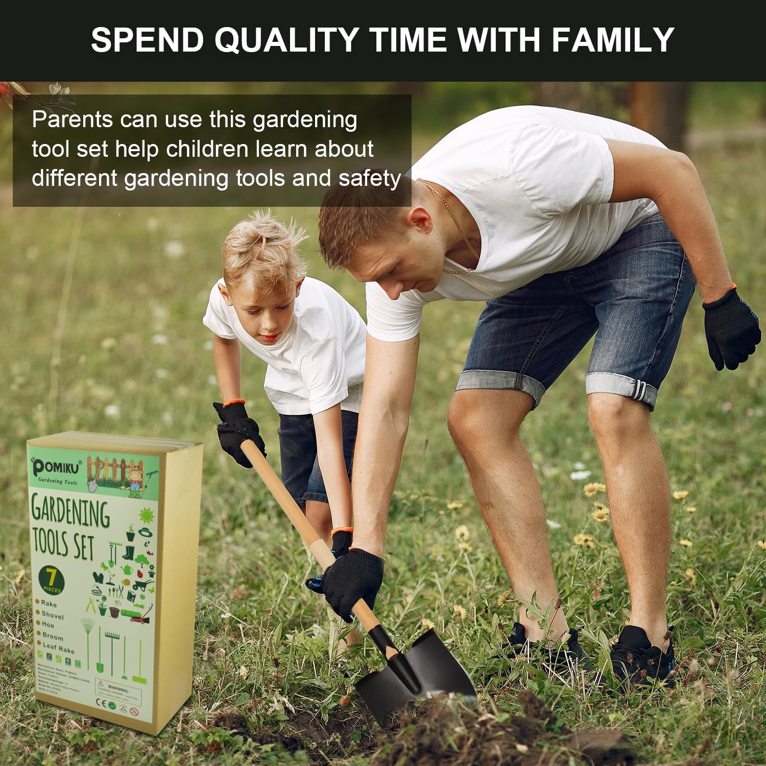 Kids Garden Tools, Rake and Shovel Set, 7 Pieces Gardening Tools for Yard, Beach, Camping Play, Outside Toys for Kids Ages 3 up Gift
