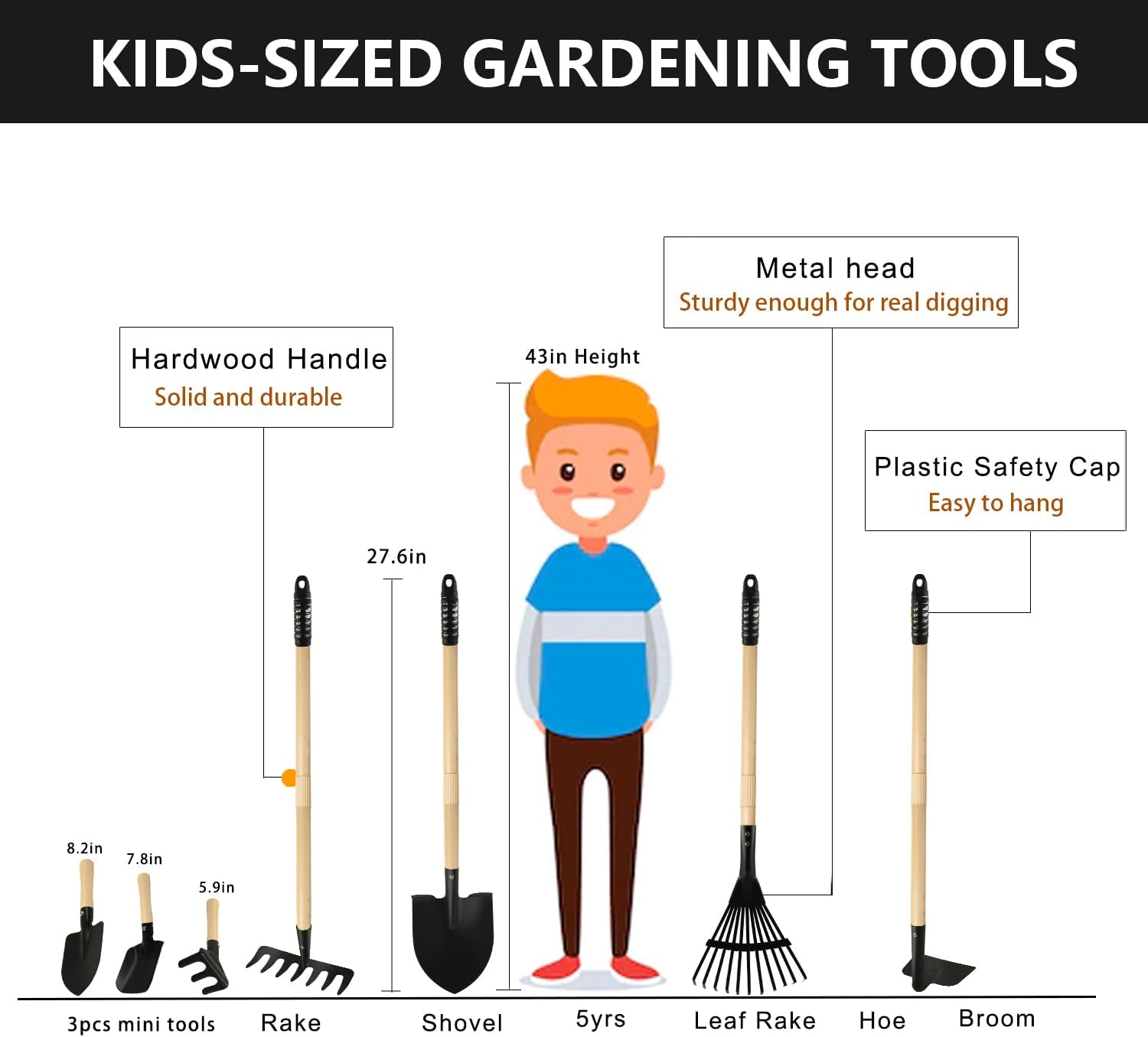 Kids Garden Tools, Rake and Shovel Set, 7 Pieces Gardening Tools for Yard, Beach, Camping Play, Outside Toys for Kids Ages 3 up Gift