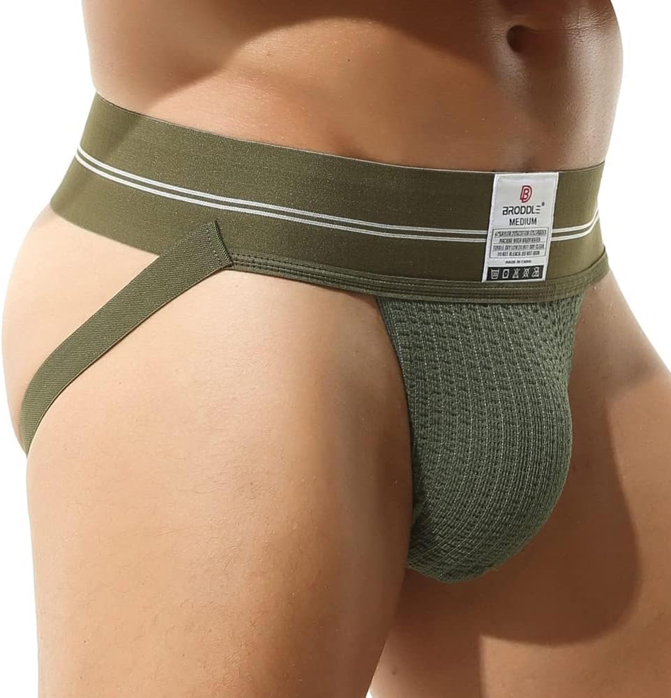 BRODDLE Men's Jockstrap Stretchy Nylon Mesh Pouch Performance Workout Athletic Supporters for Men Green Medium