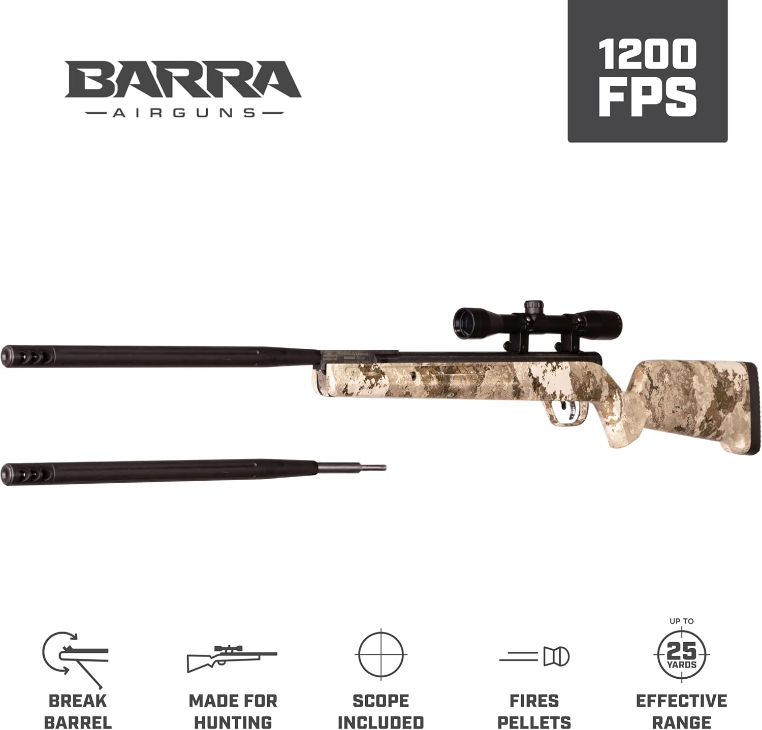 Barra Airguns 1200g Dual Caliber Pellet Rifle, Hunting Pellet Rifle, Break Barrel 1200 FPS Gas Piston .177 Cal or .22 Dual Caliber Camo