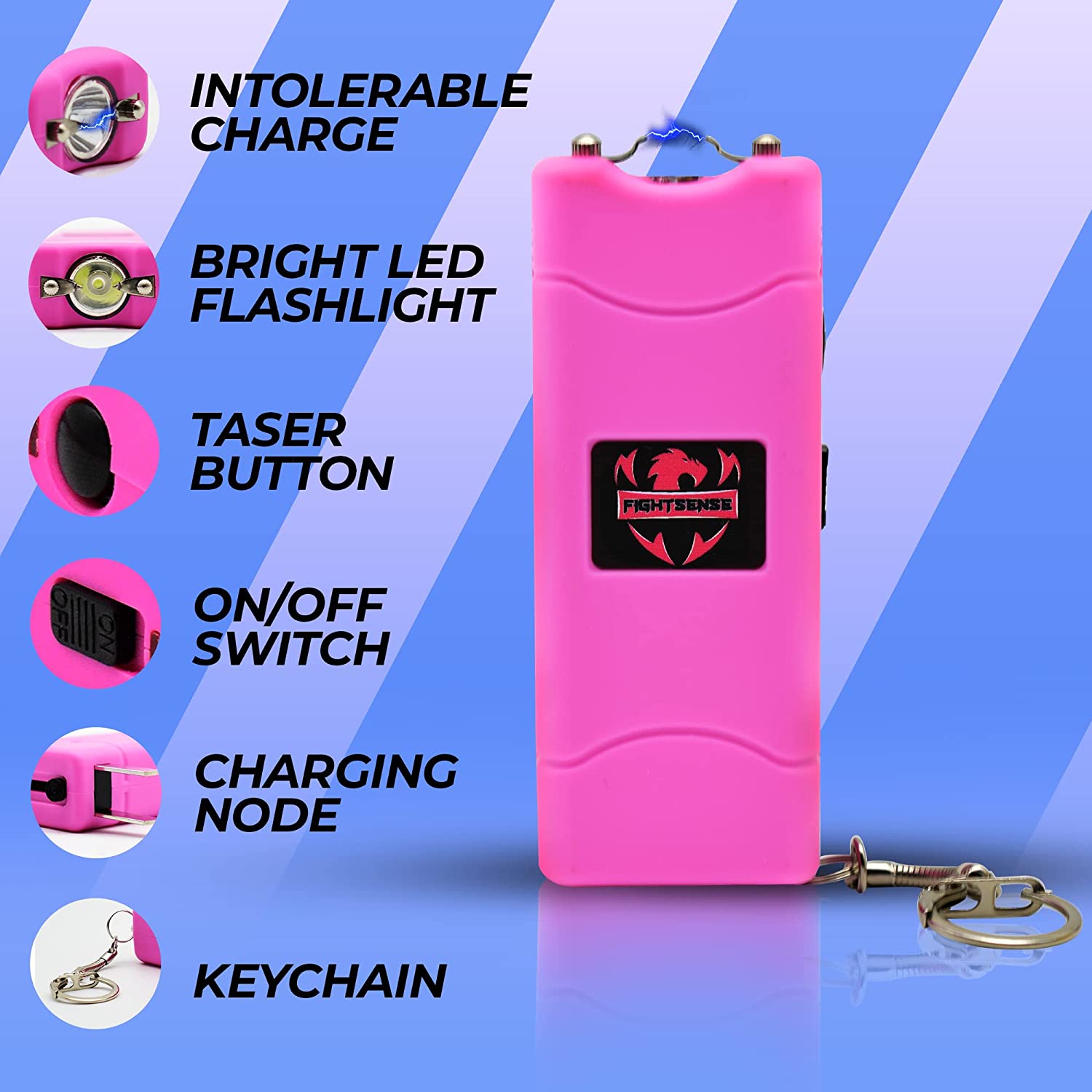 FIGHTSENSE Super Heavy Duty 45 Billion Stun Gun with Keychain for Self Defense with Bright Led Flashlight, Rechargeable Battery, Nylon Holsters Pink