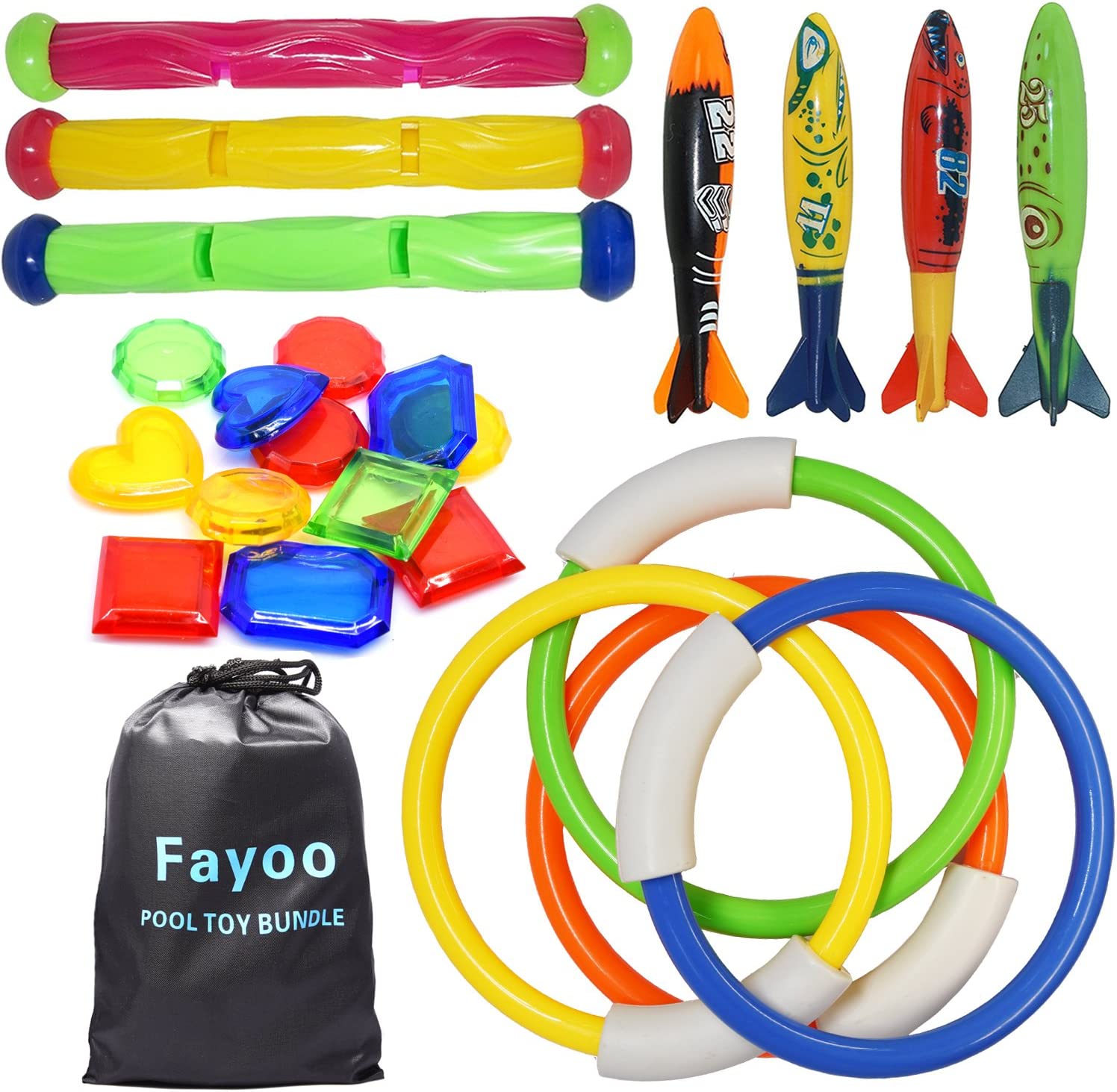 Fayoo 23 Pack Underwater Swimming/Diving Pool Toys Diving Rings(4 Pcs), Toypedo Bandits(4 Pcs), Diving Sticks(3 Pcs) with Under Water Treasures (12 Pcs) Gift Set Bundle