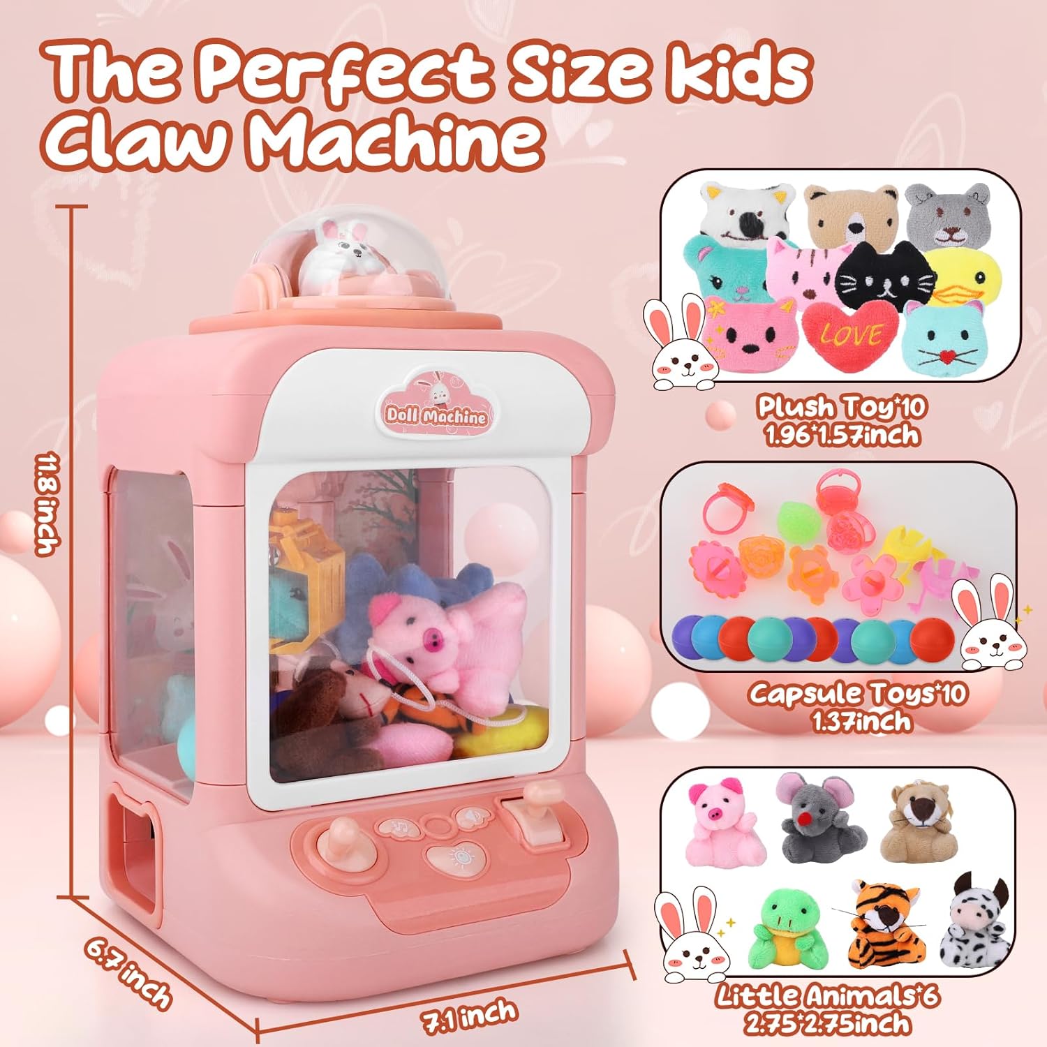 Rabbit Claw Machine for Kids with Plush Toys, Gashapons, Plastic Toys, Dispenser Toys Mini Vending Machine with Music, Mini Claw Machine Crane Game Toys Candy Machine for 3-6,4-8,8-12 Girls and Boys