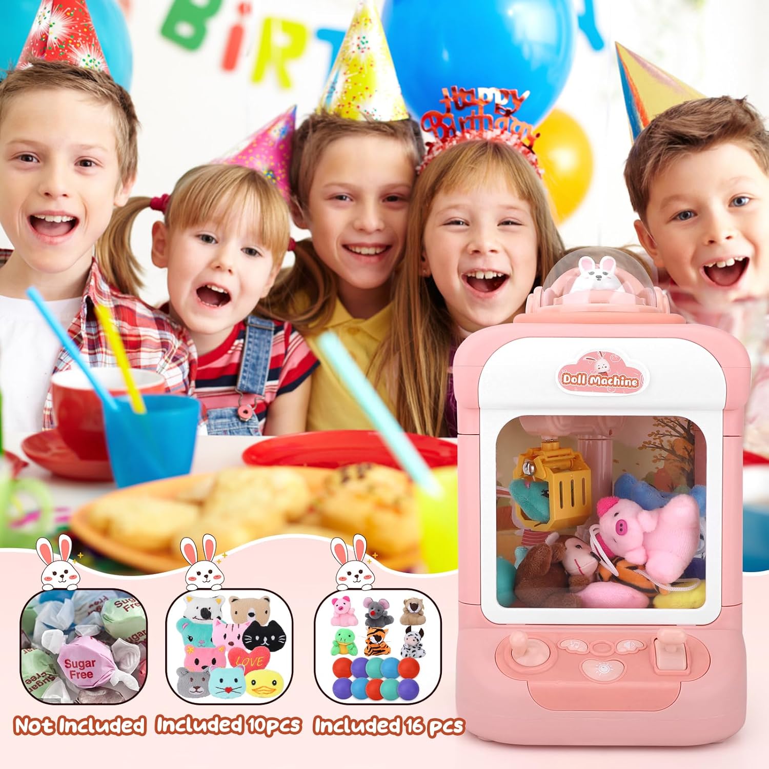 Rabbit Claw Machine for Kids with Plush Toys, Gashapons, Plastic Toys, Dispenser Toys Mini Vending Machine with Music, Mini Claw Machine Crane Game Toys Candy Machine for 3-6,4-8,8-12 Girls and Boys