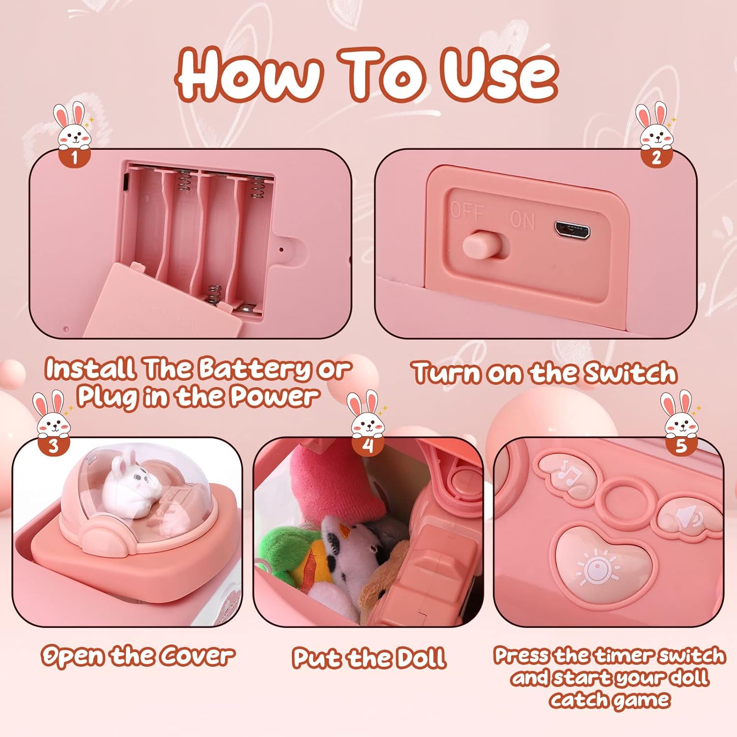 Rabbit Claw Machine for Kids with Plush Toys, Gashapons, Plastic Toys, Dispenser Toys Mini Vending Machine with Music, Mini Claw Machine Crane Game Toys Candy Machine for 3-6,4-8,8-12 Girls and Boys