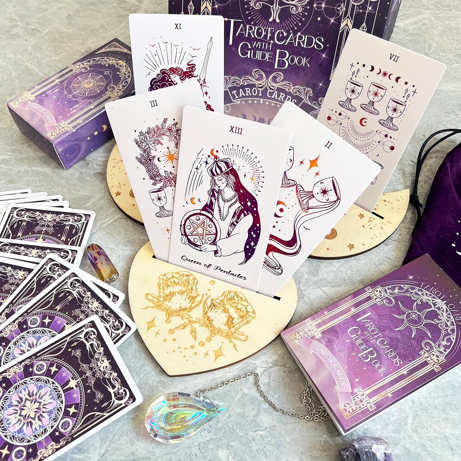 78 Tarot Cards with Guide Book - Tarot Deck Gift Set with Tarot Cloth, Chakra Stones & Tarot Bag, Purple Tarot Cards Fortune Telling Game Craft Cardboard for Beginners and Expert Readers