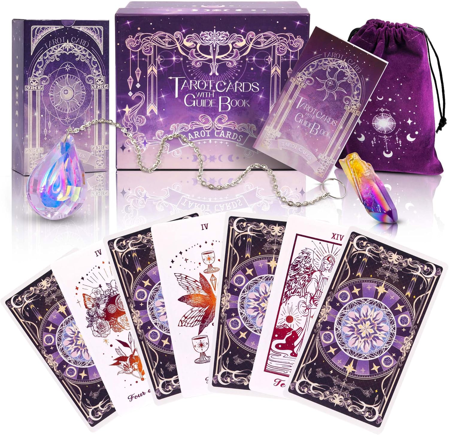 78 Tarot Cards with Guide Book - Tarot Deck Gift Set with Tarot Cloth, Chakra Stones & Tarot Bag, Purple Tarot Cards Fortune Telling Game Craft Cardboard for Beginners and Expert Readers