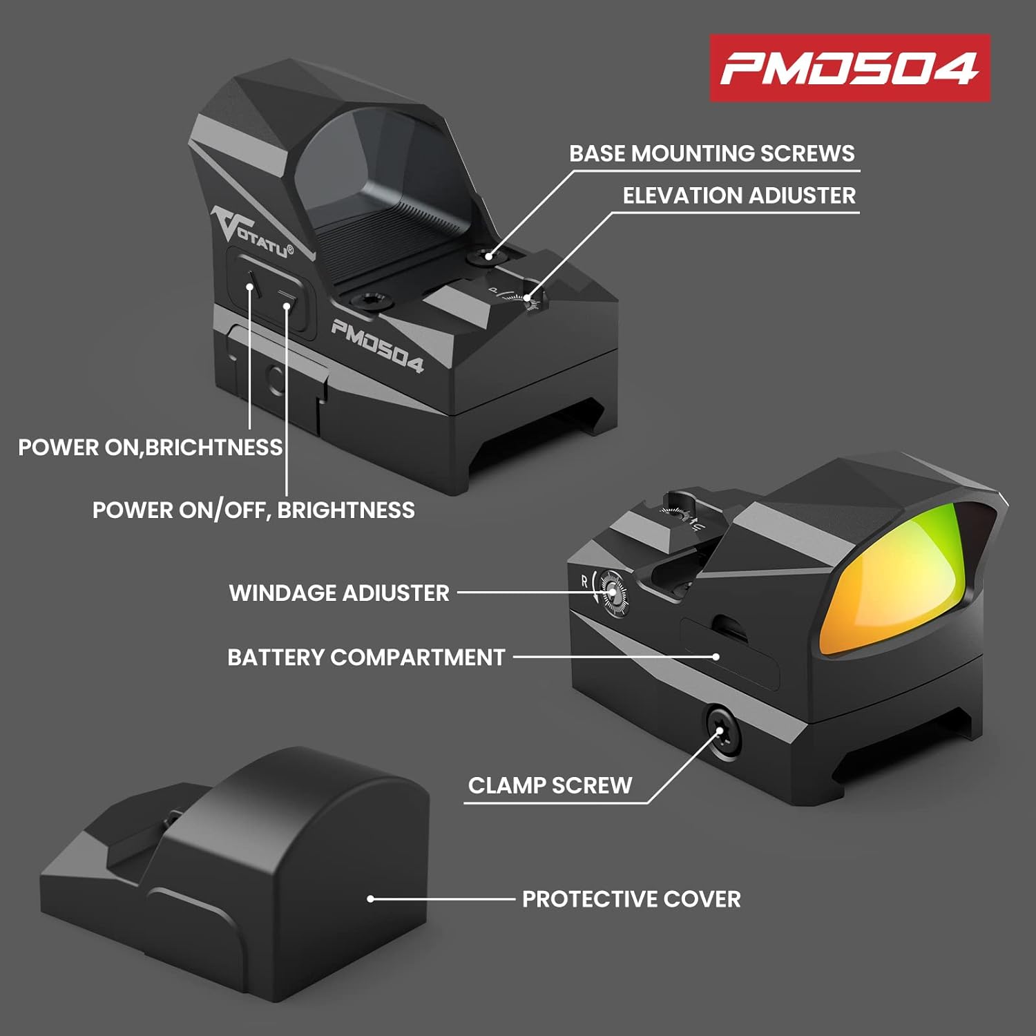 VOTATU PMD504-R Multiple Reticle Red Dot Sight Compatible with RMR Footprint and Picatinny Mount - Shake Awake 1x24mm Micro Reflex Sight 2 MOA Dot 62 MOA Circle Optic