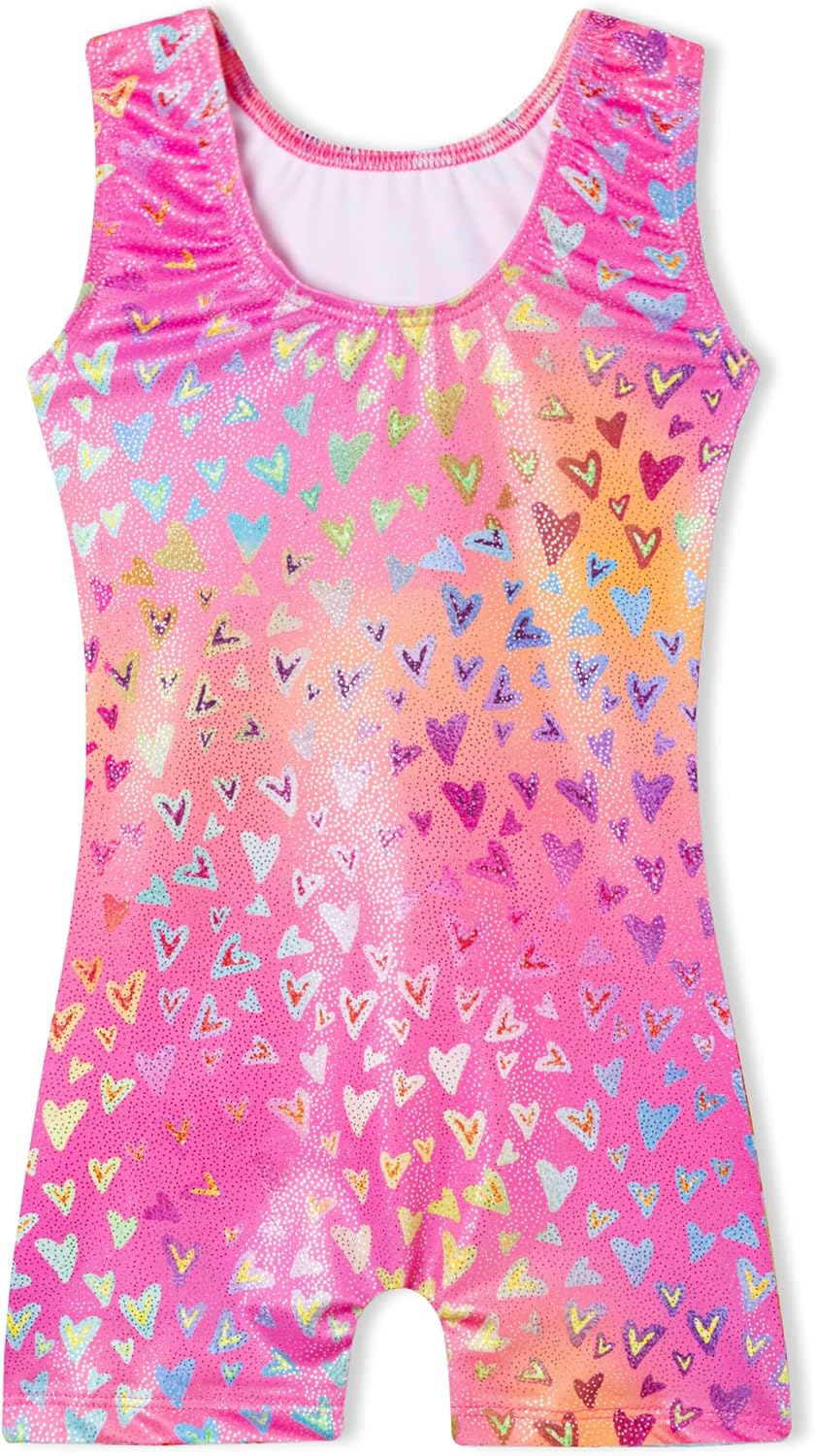 Domusgo Gymnastics Leotards for Girls Sparkly One-Piece Pro Kids Unitard Biketards with Shorts Nenon Love Heart Biketard 5-6 Years