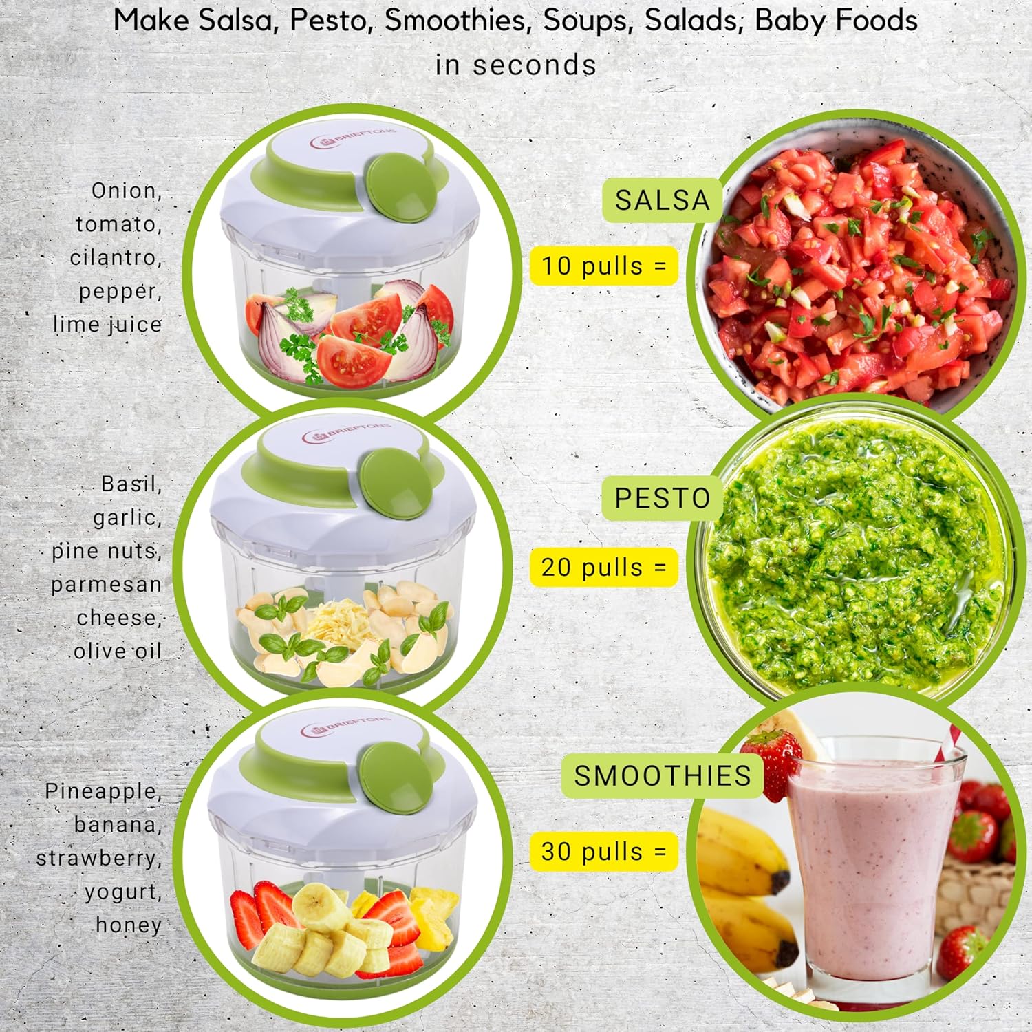 Brieftons QuickPull Manual Food Chopper: Large 4-Cup Powerful Hand Pull Chopper / Mincer / Mixer Blender to Chop Onion, Garlic, Vegetables, Fruits, Herbs for Salsa, Salad, Pesto, Puree, Indian Cooking