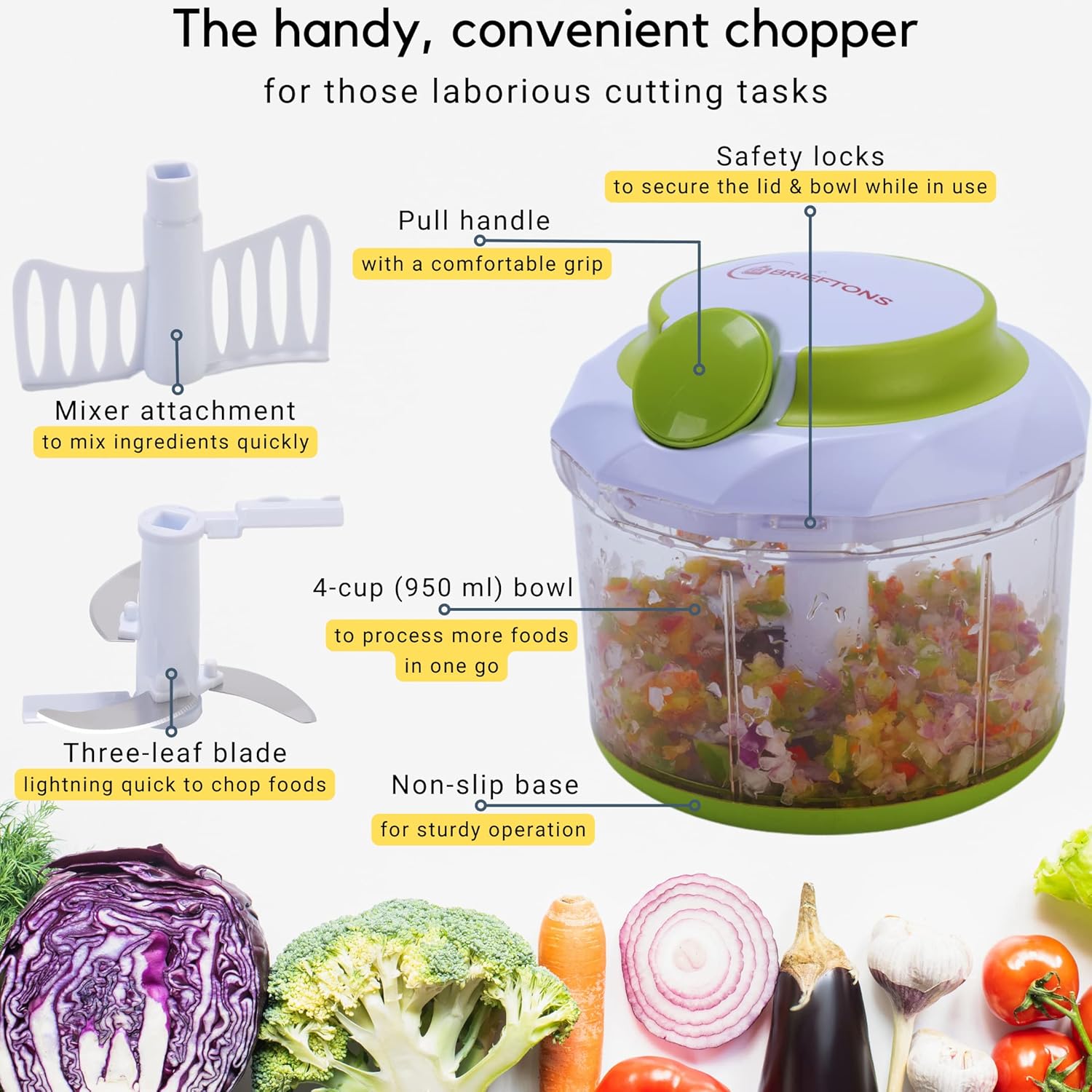 Brieftons QuickPull Manual Food Chopper: Large 4-Cup Powerful Hand Pull Chopper / Mincer / Mixer Blender to Chop Onion, Garlic, Vegetables, Fruits, Herbs for Salsa, Salad, Pesto, Puree, Indian Cooking