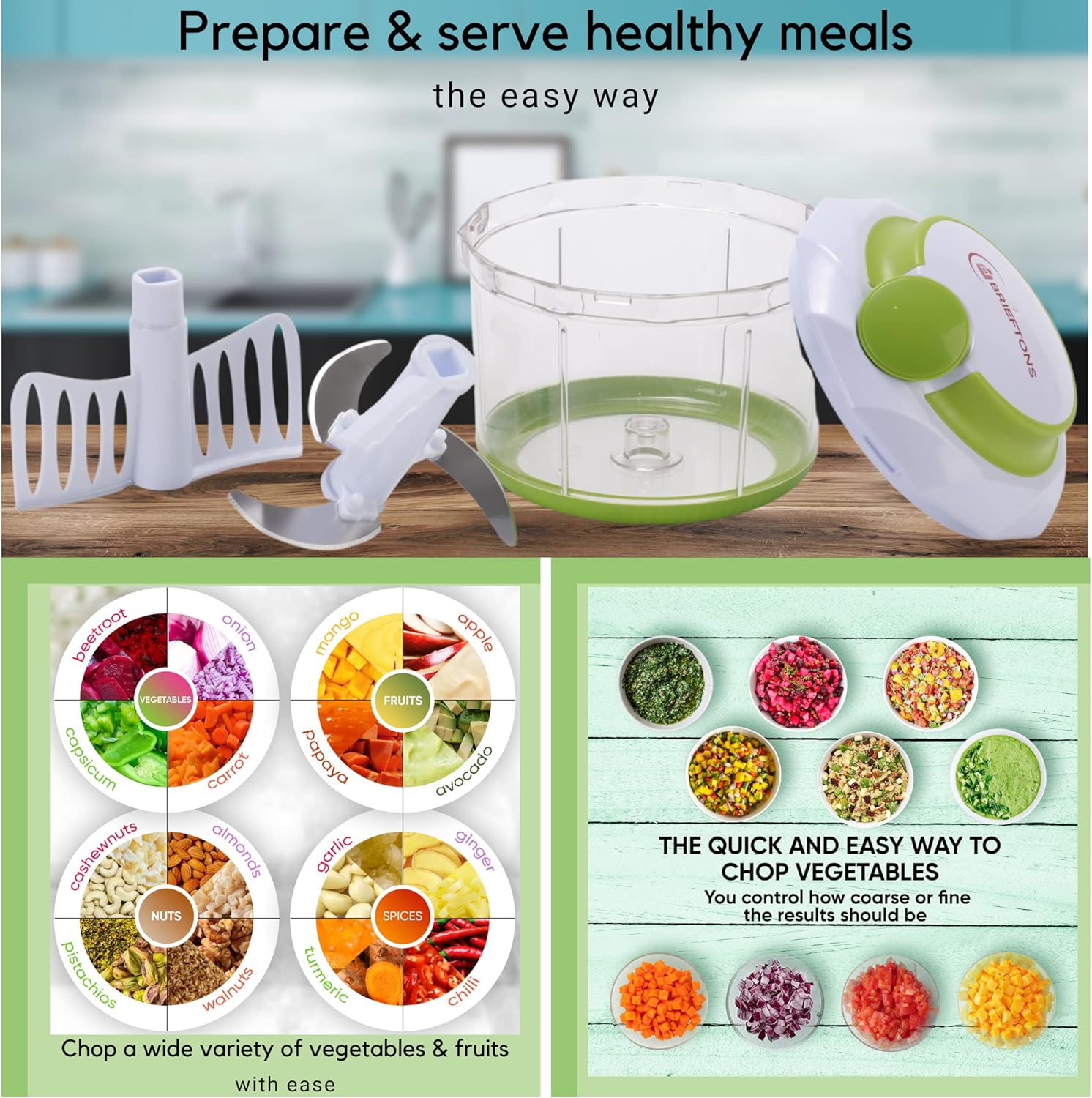 Brieftons QuickPull Manual Food Chopper: Large 4-Cup Powerful Hand Pull Chopper / Mincer / Mixer Blender to Chop Onion, Garlic, Vegetables, Fruits, Herbs for Salsa, Salad, Pesto, Puree, Indian Cooking