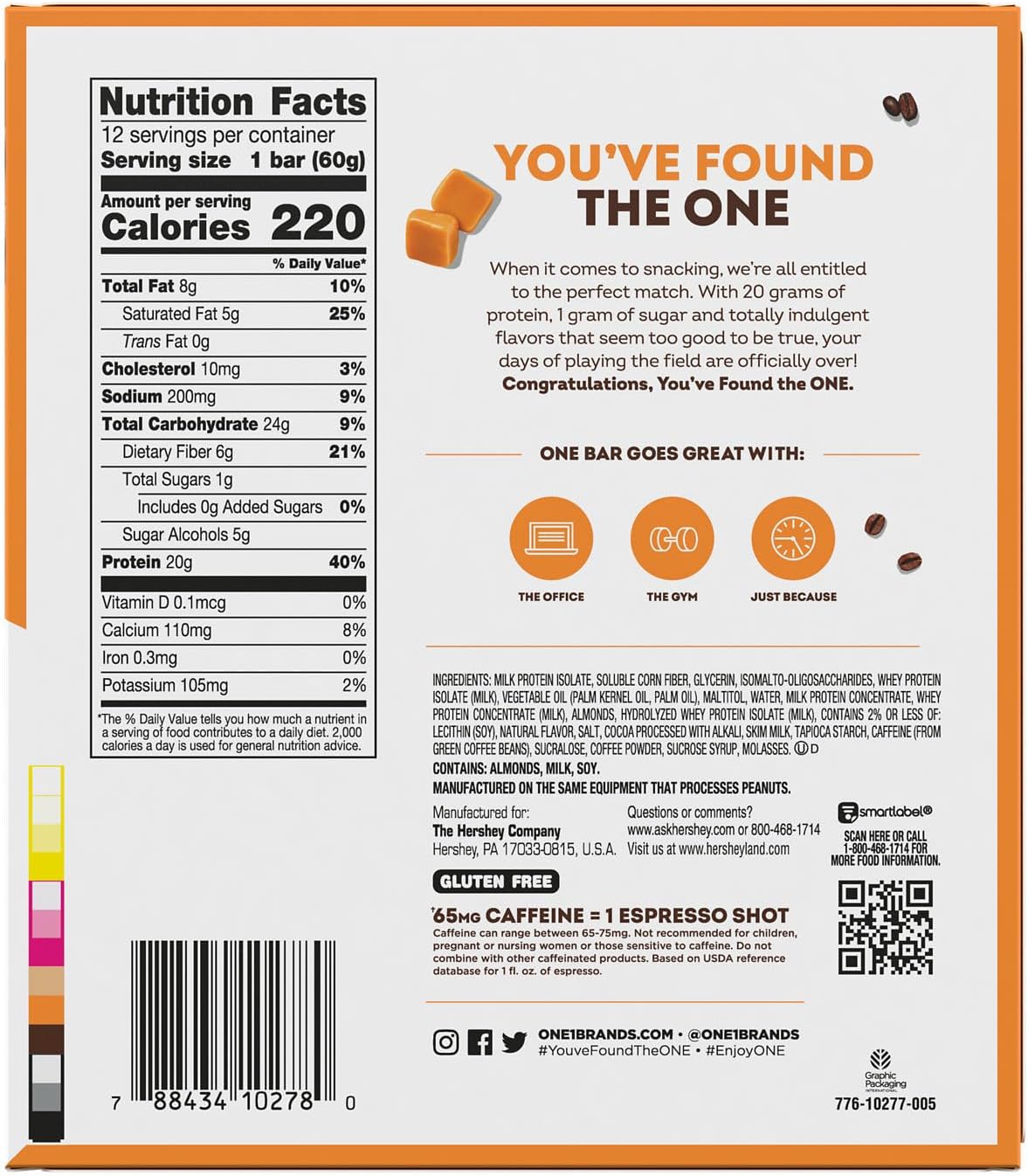 ONE Coffee Shop Caffeinated Protein Bars, Caramel Macchiato, Gluten Free with 20g Protein and 65mg of Caffeine Energy, Pantry Staples, 2.12 oz (12 Count), Packaging May Vary
