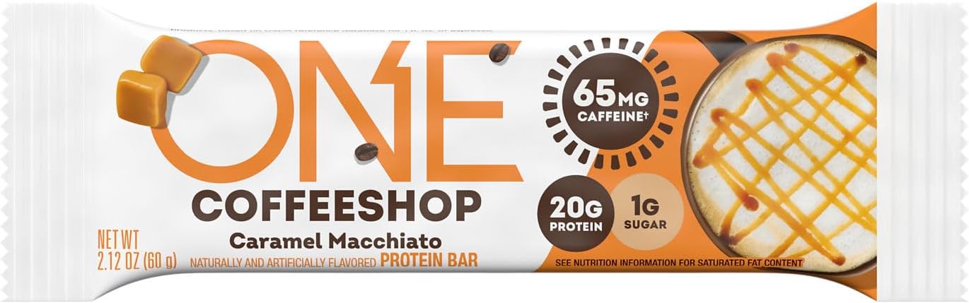 ONE Coffee Shop Caffeinated Protein Bars, Caramel Macchiato, Gluten Free with 20g Protein and 65mg of Caffeine Energy, Pantry Staples, 2.12 oz (12 Count), Packaging May Vary