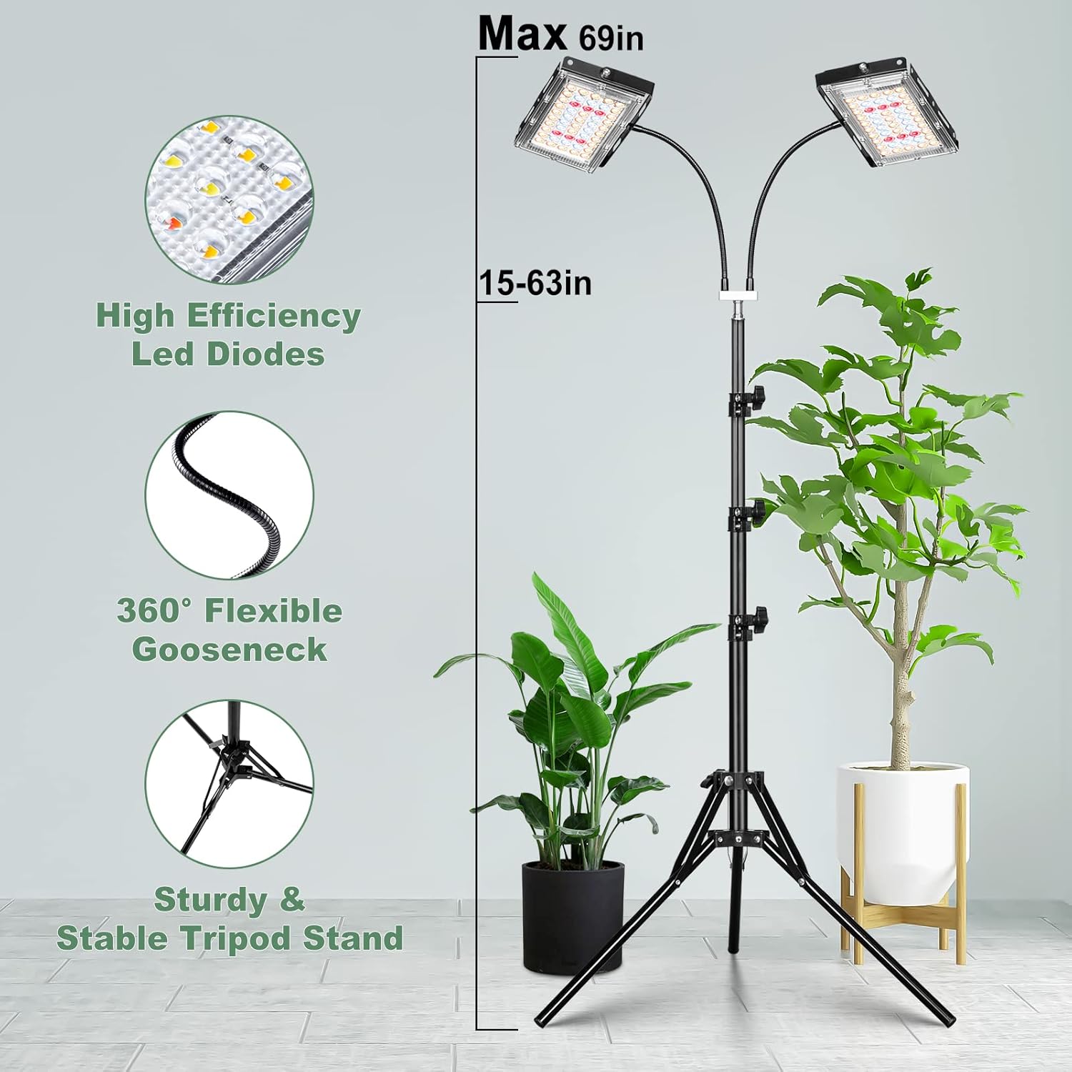 LORDEM Grow Light with Stand, Full Spectrum LED Plant Light for Indoor Plants, 200W Dual Heads Grow Lamp with Auto On/Off Timer, 3 Lighting Modes, 6 Dimmable Levels, Adjustable Tripod 15-63 inches Dual-Head Timer