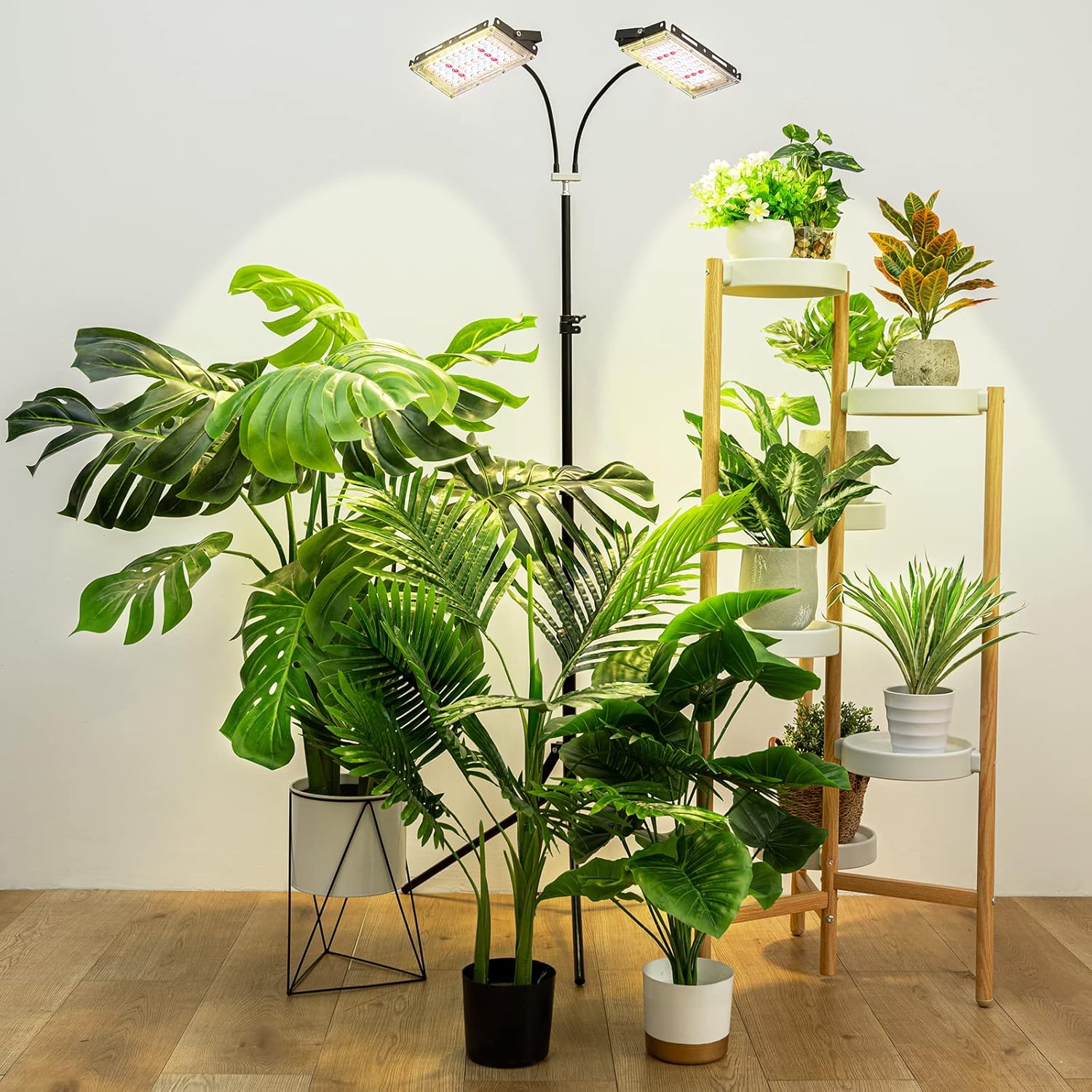 LORDEM Grow Light with Stand, Full Spectrum LED Plant Light for Indoor Plants, 200W Dual Heads Grow Lamp with Auto On/Off Timer, 3 Lighting Modes, 6 Dimmable Levels, Adjustable Tripod 15-63 inches Dual-Head Timer