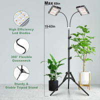LORDEM Grow Light with Stand, Full Spectrum LED Plant Light for Indoor Plants, 200W Dual Heads Grow Lamp with Auto On/Off Timer, 3 Lighting Modes, 6 Dimmable Levels, Adjustable Tripod 15-63 inches Dual-Head Timer