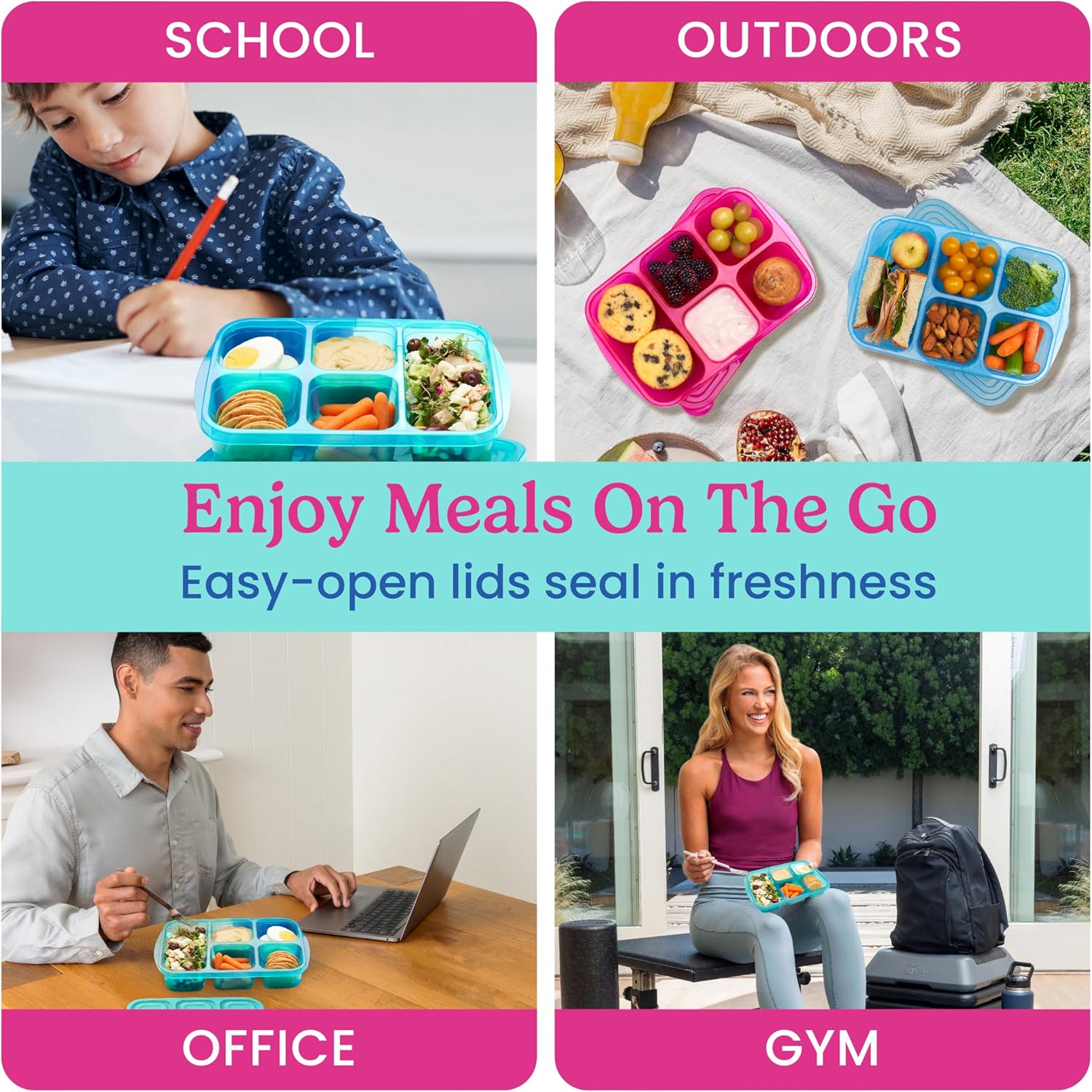 Bentgo Easyboxes - Reusable 5-Compartment Food Containers, Stackable 8-Piece Set, 4 Trays & 4 Lids, BPA-Free Food Storage for Meal Prep, School, & Work; Lunch Boxes w/Patented Design (Jewel Brights)