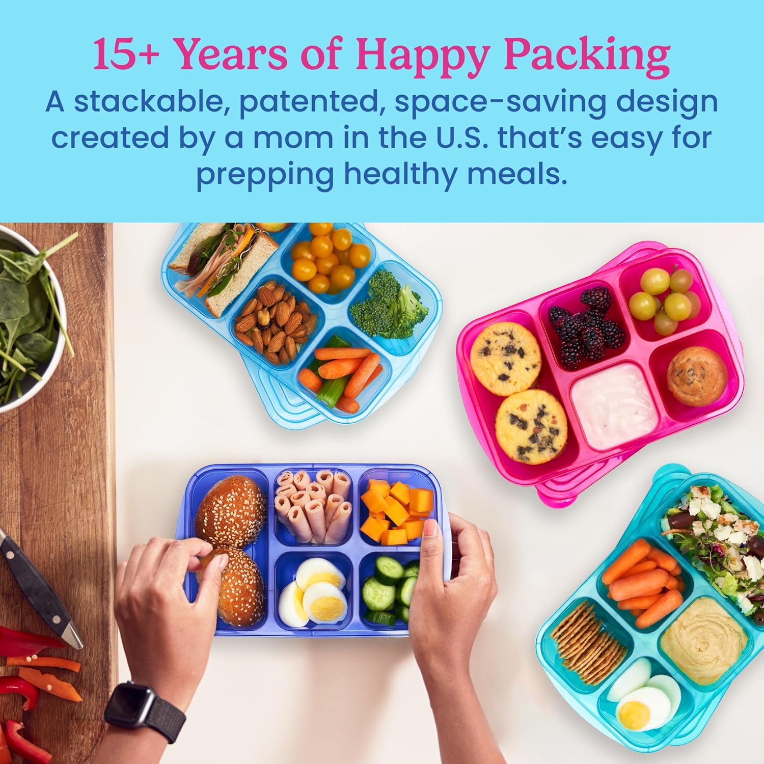 Bentgo Easyboxes - Reusable 5-Compartment Food Containers, Stackable 8-Piece Set, 4 Trays & 4 Lids, BPA-Free Food Storage for Meal Prep, School, & Work; Lunch Boxes w/Patented Design (Jewel Brights)