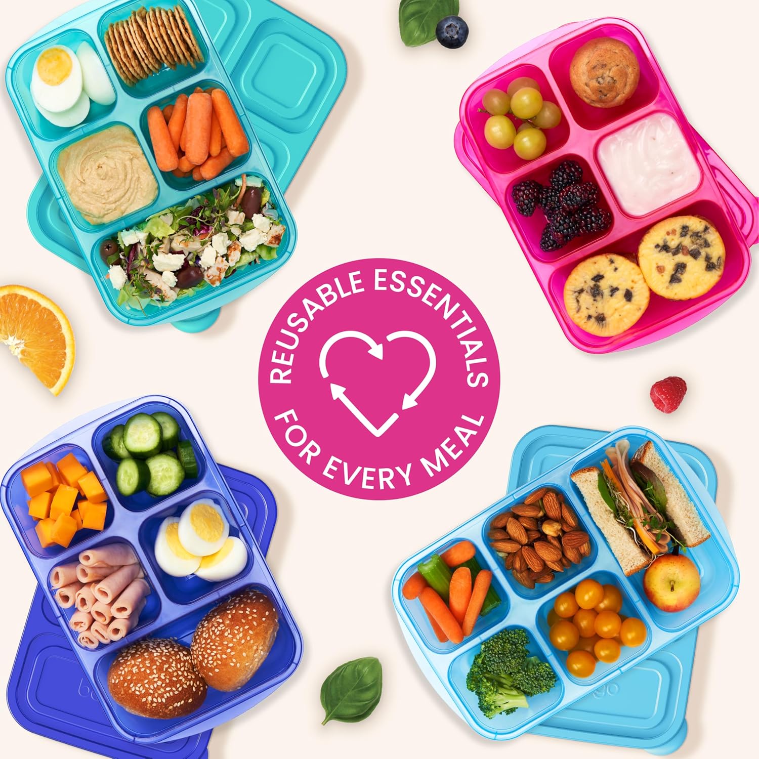 Bentgo Easyboxes - Reusable 5-Compartment Food Containers, Stackable 8-Piece Set, 4 Trays & 4 Lids, BPA-Free Food Storage for Meal Prep, School, & Work; Lunch Boxes w/Patented Design (Jewel Brights)