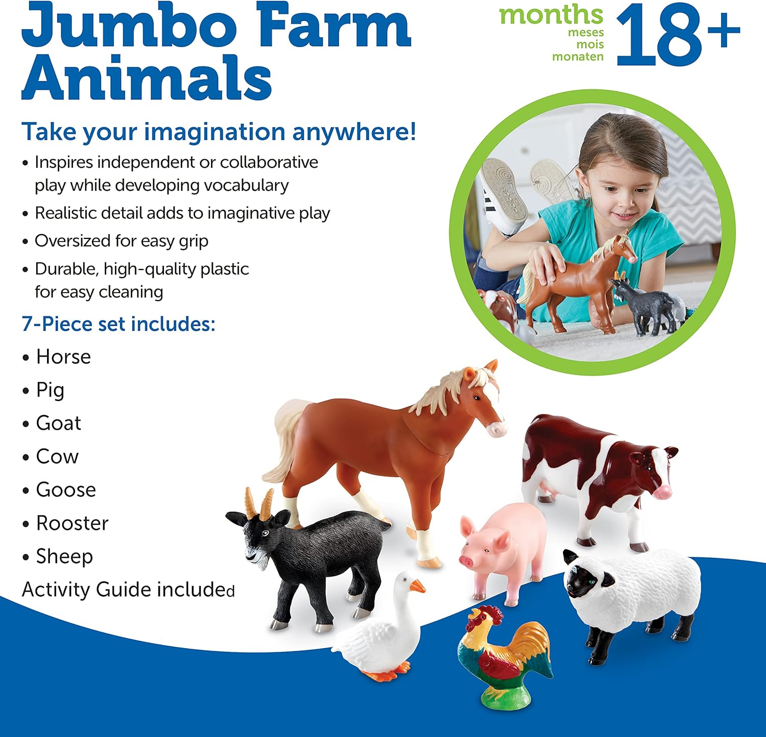 Learning Resources Jumbo Farm Animals - Horse Cow Sheep Chicken Goat Figurines, Barn Toys, Fine Motor Skills, Toddler Educational Playset, Montessori, Barnyard, Gifts For Boys and Girls