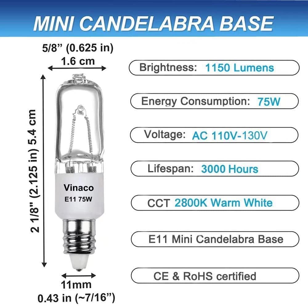 Vinaco E11 Light Bulb, 2PCS E11 Bulb Dimmable, JDE11 120V 75W Halogen Light Bulbs Long Lasting Lifespan, 2800K Warm White,T4 E11 Mini Candelabra Bulb with High Output 1150LM E11 Halogen Bulb 75.0