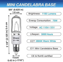 Vinaco E11 Light Bulb, 2PCS E11 Bulb Dimmable, JDE11 120V 75W Halogen Light Bulbs Long Lasting Lifespan, 2800K Warm White,T4 E11 Mini Candelabra Bulb with High Output 1150LM E11 Halogen Bulb 75.0
