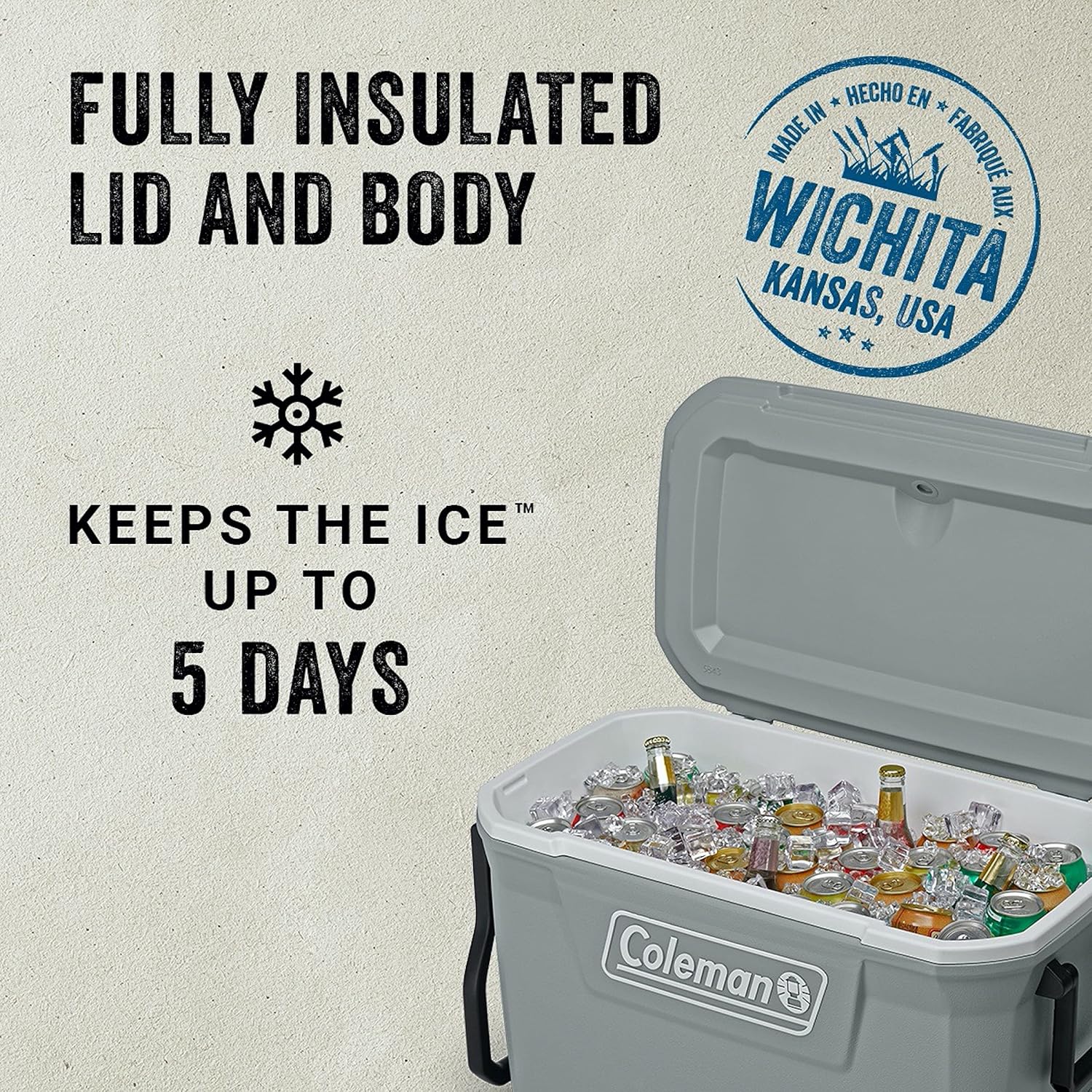 Coleman Classic Series Insulated Portable Wheeled Cooler, Leak-Resistant Outdoor Hard Cooler Keeps Ice up to 5 Days, 62-Quart 62qt Rock Grey