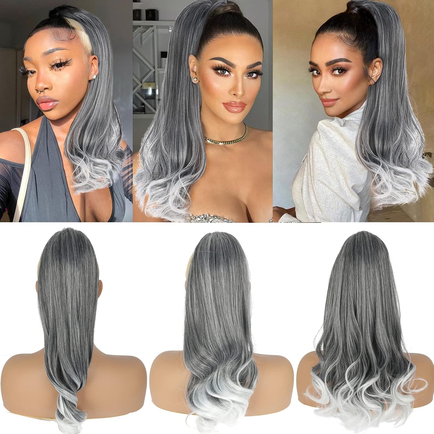 Grey Drawstring Ponytail Salt and Pepper Pony Tails Hair Extensions for Black Women 18inch Synthetic Curly Ponytails Extension Clip in on Hair Pieces for Women 18 Inch #T1B/GRAY