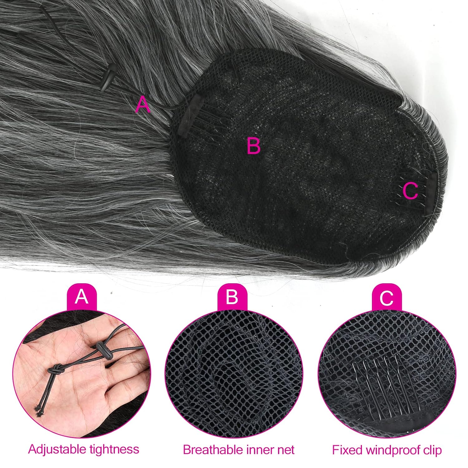 Grey Drawstring Ponytail Salt and Pepper Pony Tails Hair Extensions for Black Women 18inch Synthetic Curly Ponytails Extension Clip in on Hair Pieces for Women 18 Inch #T1B/GRAY