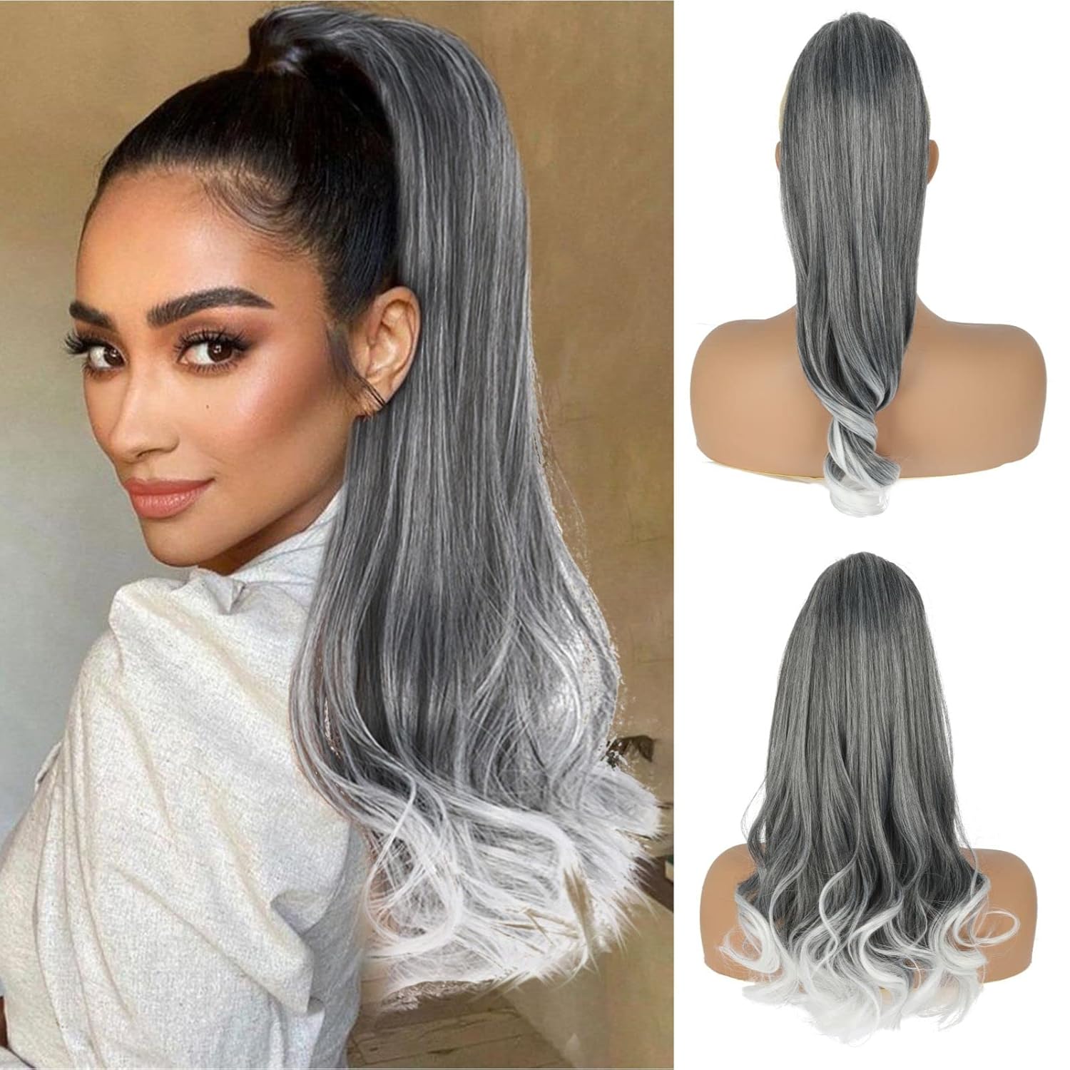 Grey Drawstring Ponytail Salt and Pepper Pony Tails Hair Extensions for Black Women 18inch Synthetic Curly Ponytails Extension Clip in on Hair Pieces for Women 18 Inch #T1B/GRAY