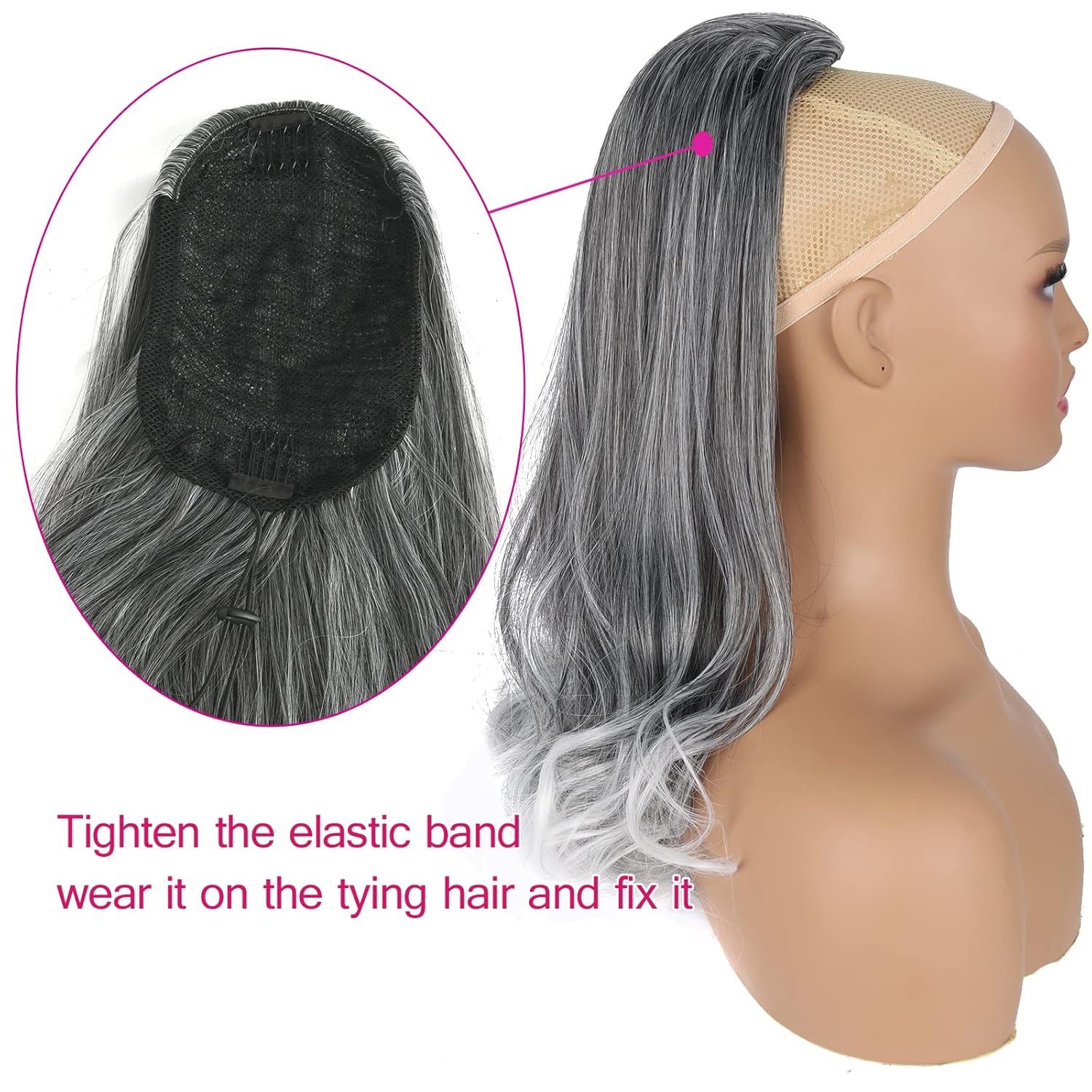 Grey Drawstring Ponytail Salt and Pepper Pony Tails Hair Extensions for Black Women 18inch Synthetic Curly Ponytails Extension Clip in on Hair Pieces for Women 18 Inch #T1B/GRAY