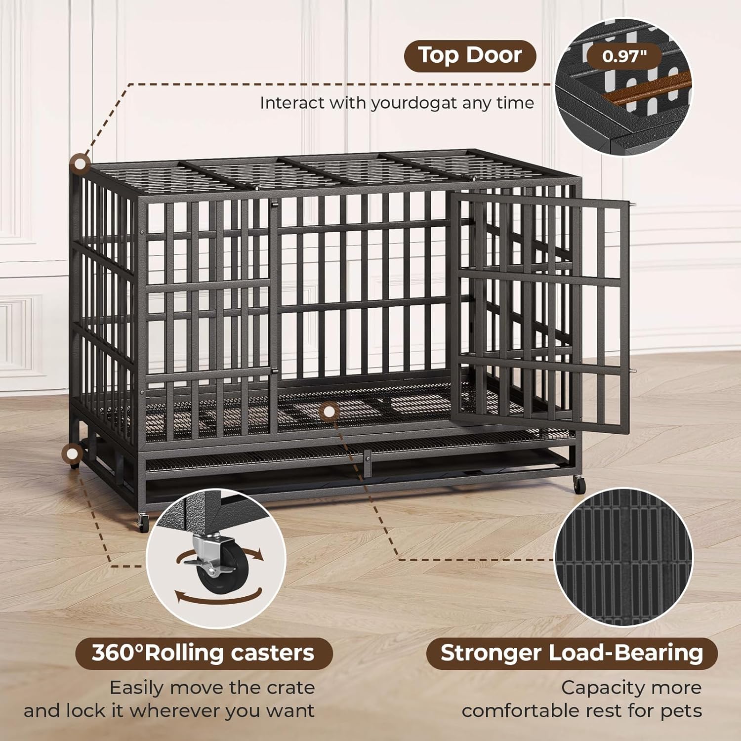 48 Inch Heavy Duty Indestructible Dog Crate Steel Escape Proof, Indoor Double Door High Anxiety Cage, Kennel with Wheels, Removable Tray, Extra Large XL XXL 47.2