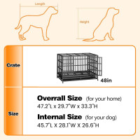 48 Inch Heavy Duty Indestructible Dog Crate Steel Escape Proof, Indoor Double Door High Anxiety Cage, Kennel with Wheels, Removable Tray, Extra Large XL XXL 47.2