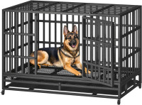 48 Inch Heavy Duty Indestructible Dog Crate Steel Escape Proof, Indoor Double Door High Anxiety Cage, Kennel with Wheels, Removable Tray, Extra Large XL XXL 47.2