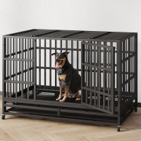 48 Inch Heavy Duty Indestructible Dog Crate Steel Escape Proof, Indoor Double Door High Anxiety Cage, Kennel with Wheels, Removable Tray, Extra Large XL XXL 47.2