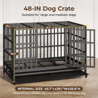 48 Inch Heavy Duty Indestructible Dog Crate Steel Escape Proof, Indoor Double Door High Anxiety Cage, Kennel with Wheels, Removable Tray, Extra Large XL XXL 47.2