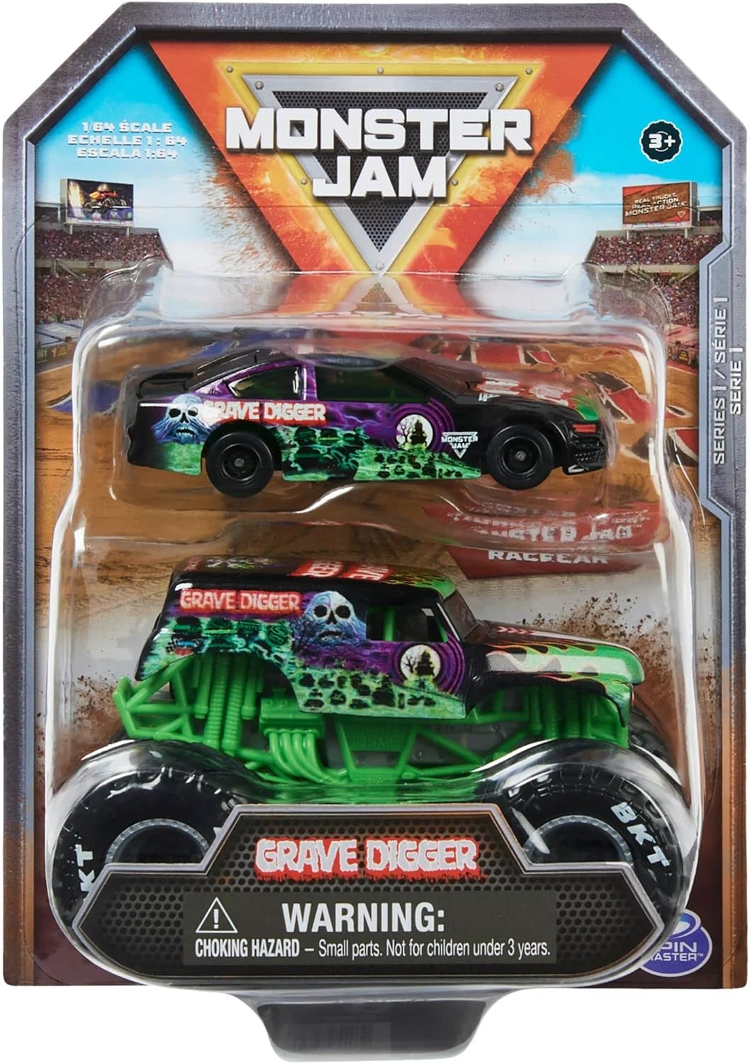 Monster Jam Official 1:64 Scale Diecast 2-Pack Monster Truck and Race Car: Grave Digger