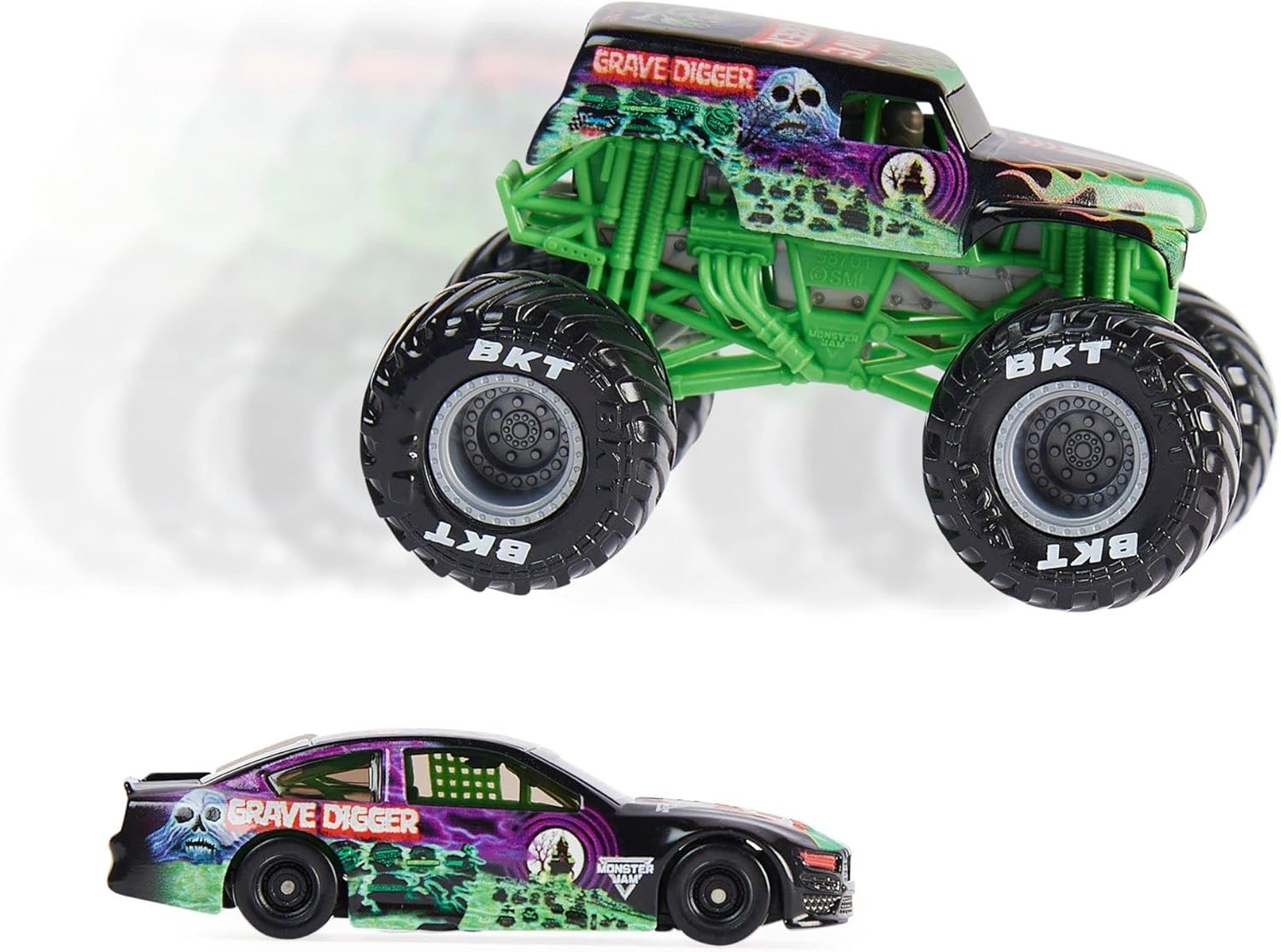 Monster Jam Official 1:64 Scale Diecast 2-Pack Monster Truck and Race Car: Grave Digger