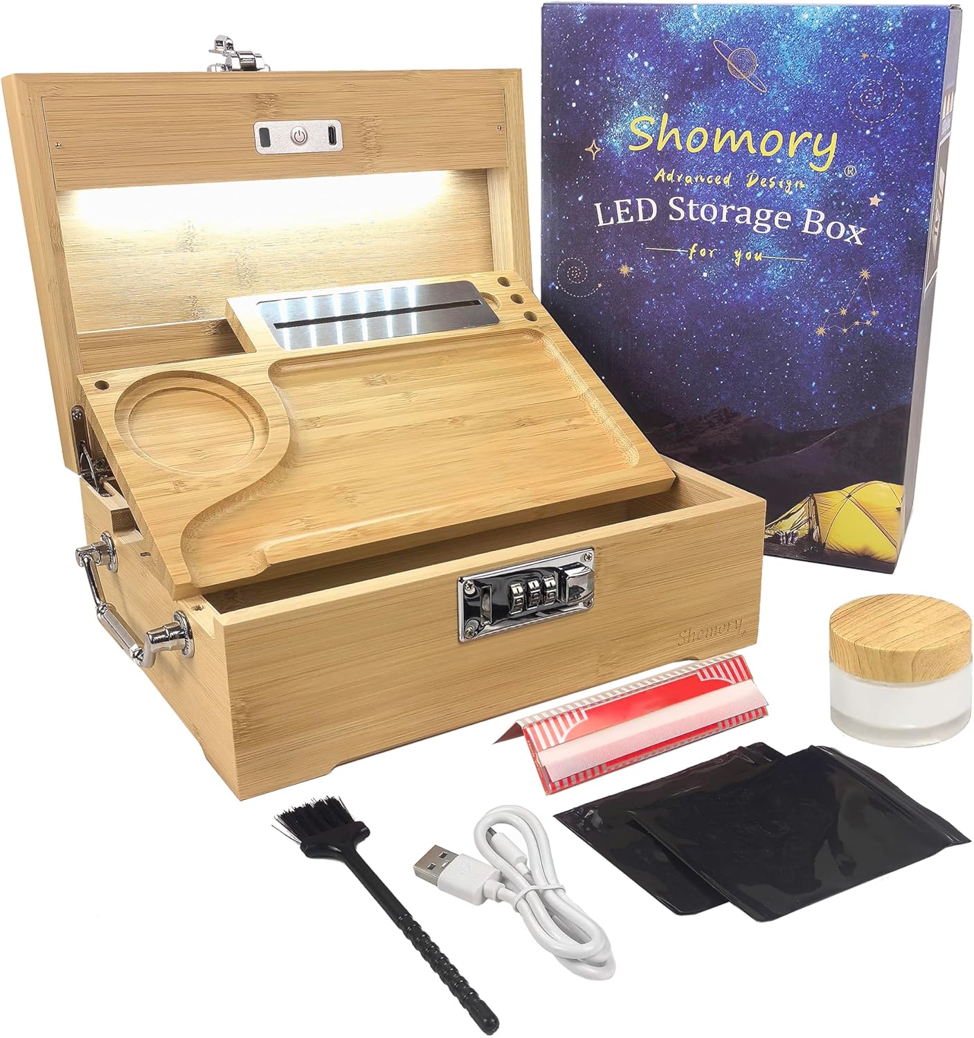 Wooden LED Stash Box with Rolling Tray Bundle,Locking Bamboo Smell Proof Stash Box Rolling Kit with Accessories,Rolling Tray Stash Box with LED Light,Box Combo with Lock,10.1✖ 7.1✖ 4.2inch