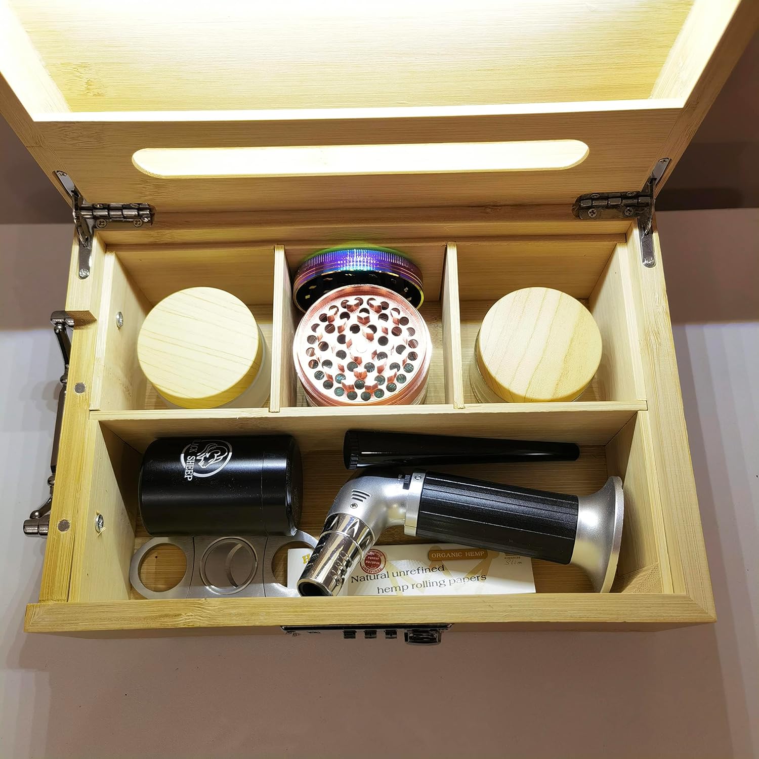 Wooden LED Stash Box with Rolling Tray Bundle,Locking Bamboo Smell Proof Stash Box Rolling Kit with Accessories,Rolling Tray Stash Box with LED Light,Box Combo with Lock,10.1✖ 7.1✖ 4.2inch