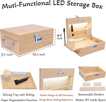Wooden LED Stash Box with Rolling Tray Bundle,Locking Bamboo Smell Proof Stash Box Rolling Kit with Accessories,Rolling Tray Stash Box with LED Light,Box Combo with Lock,10.1✖ 7.1✖ 4.2inch