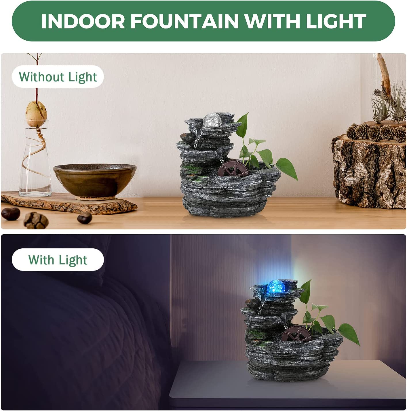 POWLAB Tabletop Water Fountain,Environmental Resin Meditation Fountain,Desktop Fountain with Waterwheel,Indoor Waterfall Feature with Crystal Ball and Light for Home Office Decor Relaxation 10X7X11in Cartwheel Style