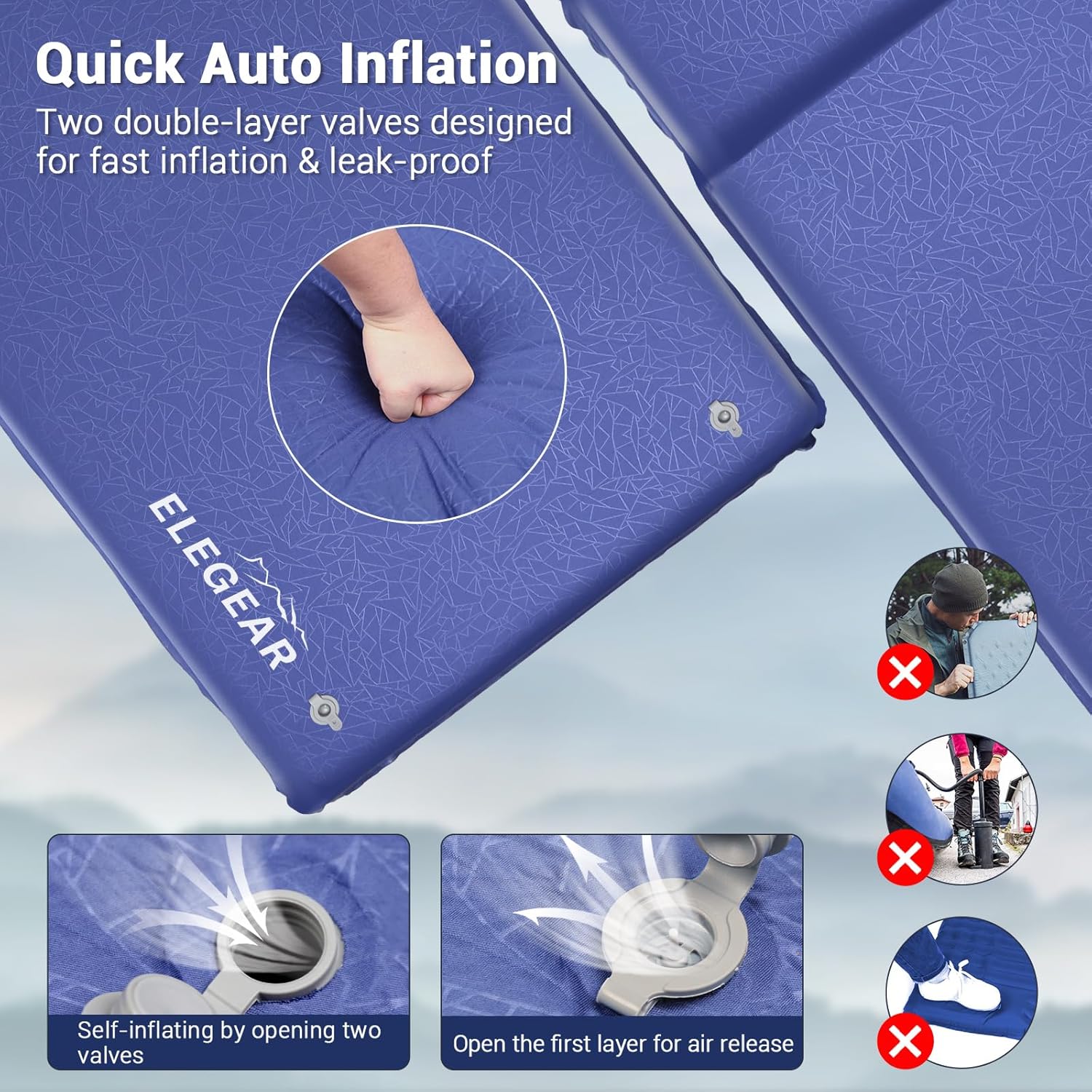 Elegear Self Inflating Sleeping Pad, 3.18'' Ultra-Thick Memory Foam Camping Pad with Pillow, 20s Fast Inflating Camping Mattress Pad, 4-Season Insulated Camp Sleeping Mat for Camping/Travel/Tent/Car Blue