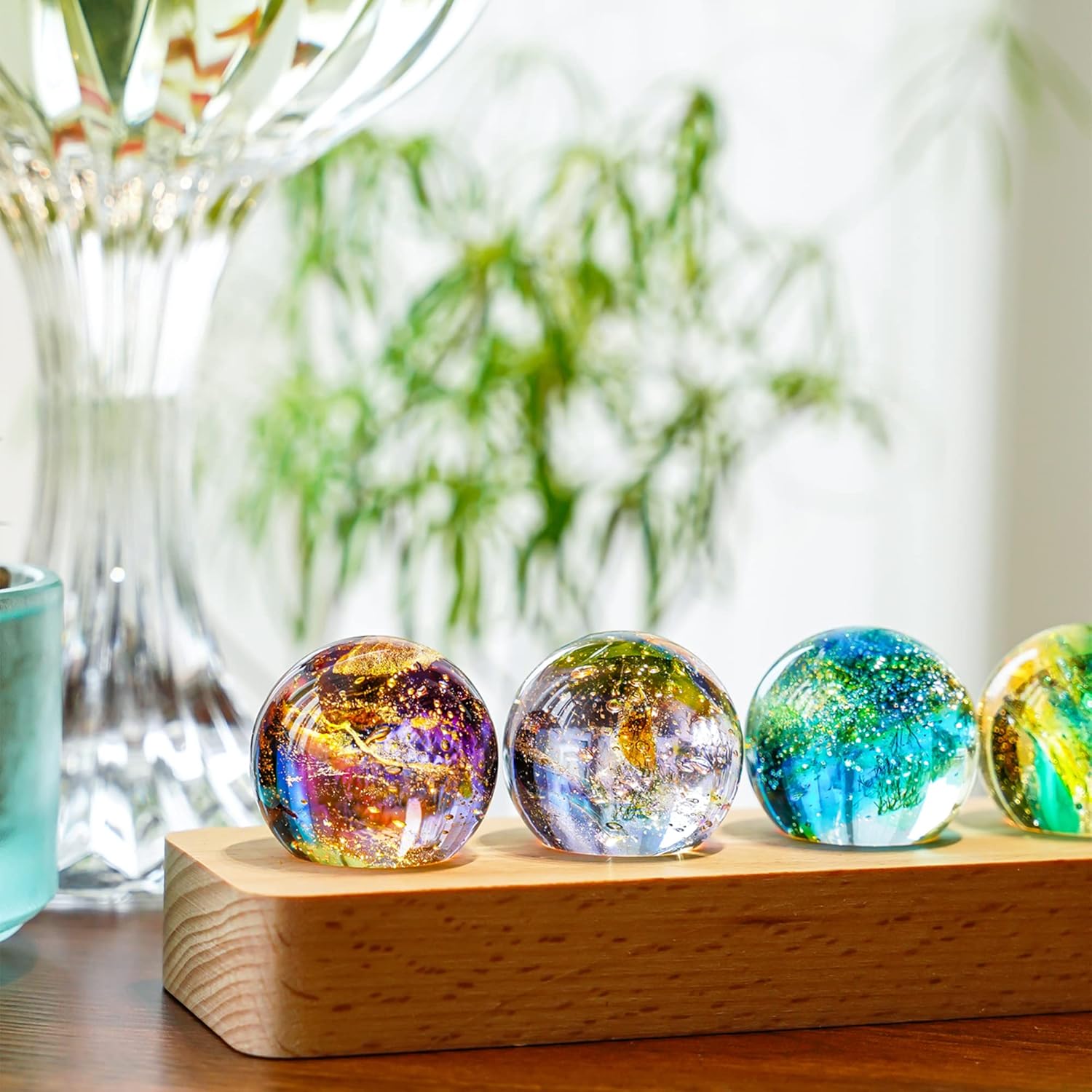 7 Chakra Natural Healing Spheres with LED Wooden Stand 40mm Crystal Quartz Stones for Meditation Positive Energy Night Light Decoration Balls Set for Home Style-A